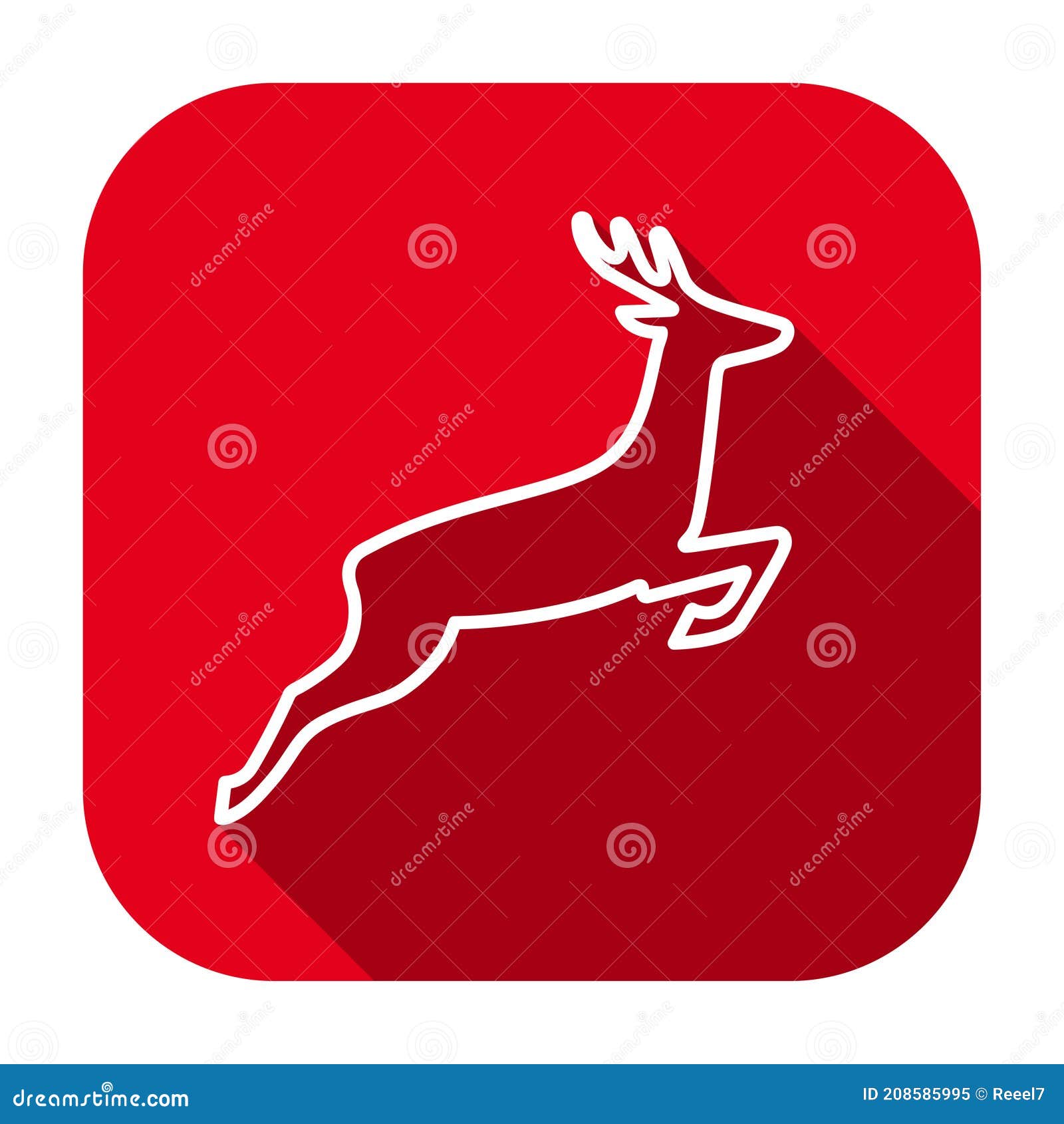 red flat rounded square deer outline icon, button with long shadow.