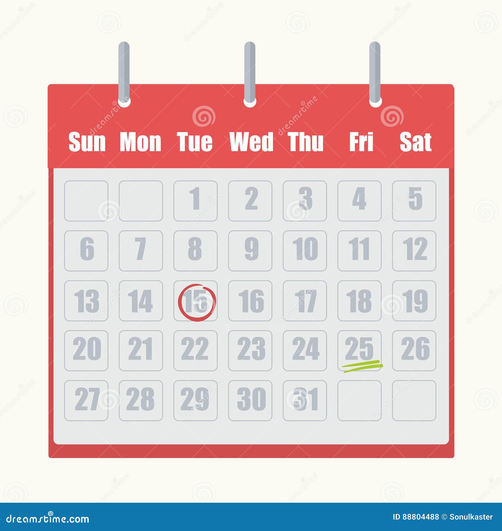 Red Flipflop Calendar with Gray Numbers Closeup on White Background