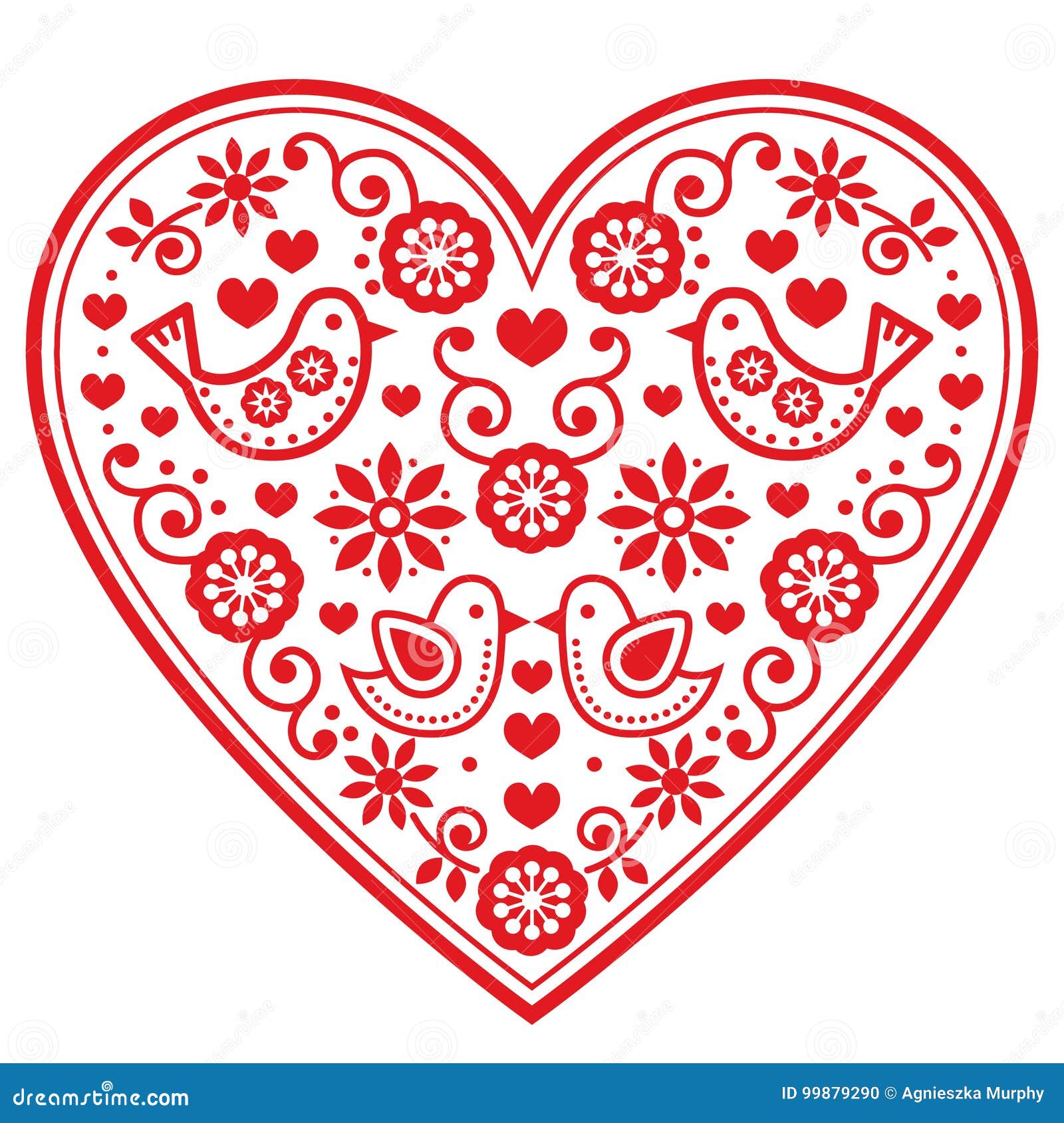 folk heart pattern with flowers and birds - valentine`s day, wedding, birthday greeting card