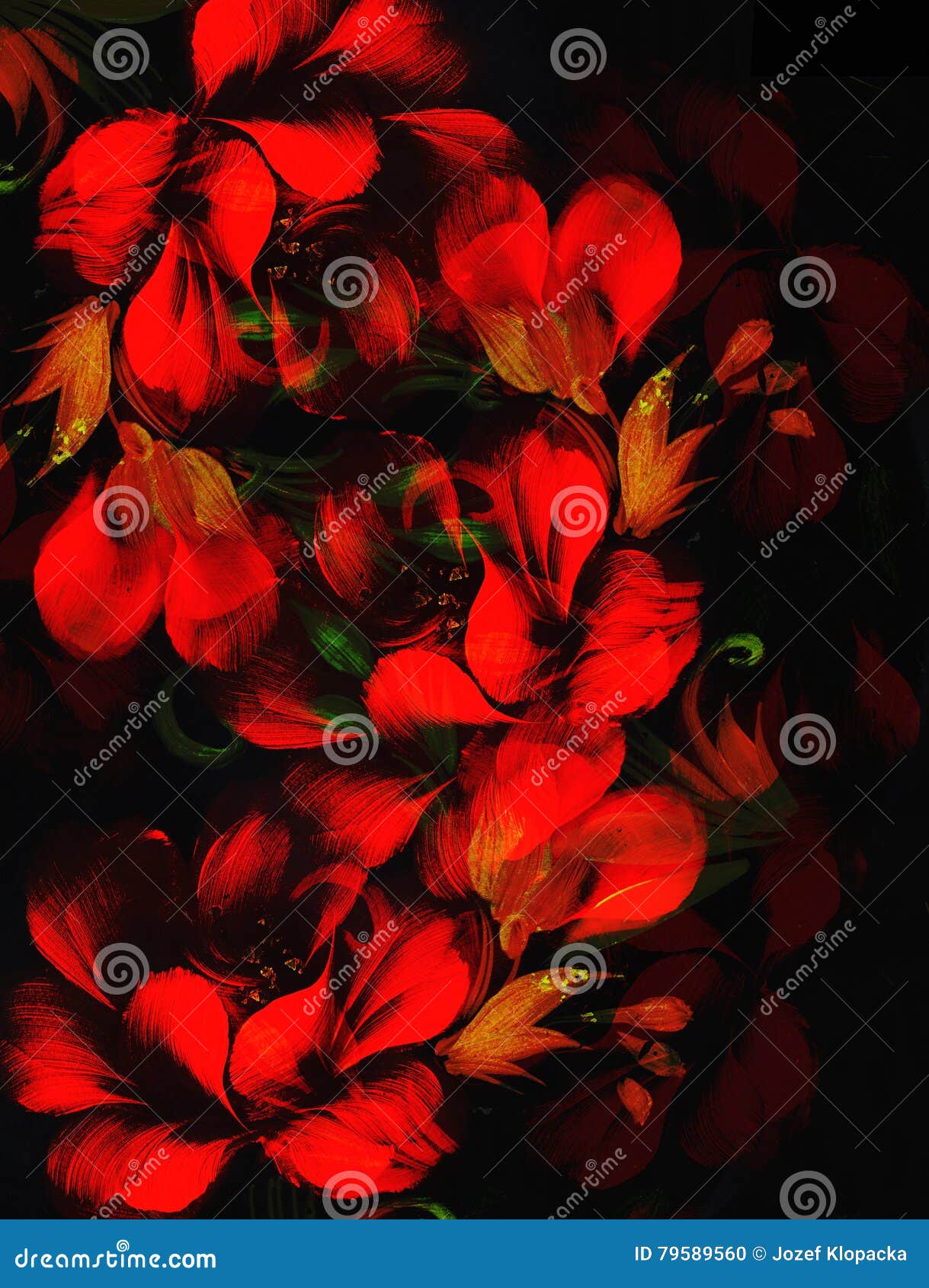 Red Flower On Black Background. Painting And Computer Collage. Stock