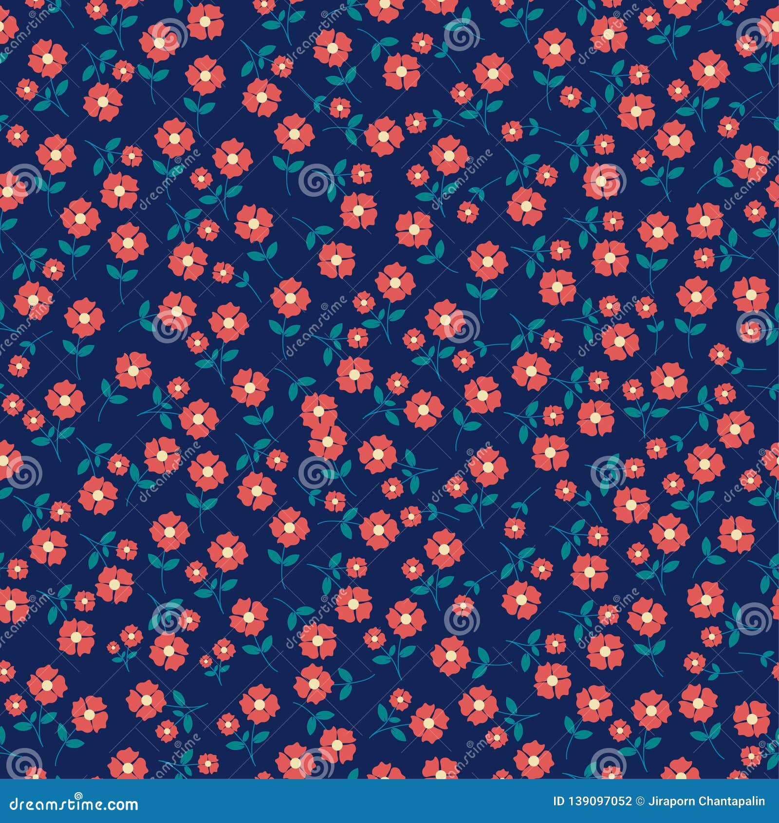 Red Flower on Blue Background,seamless Pattern Stock Vector