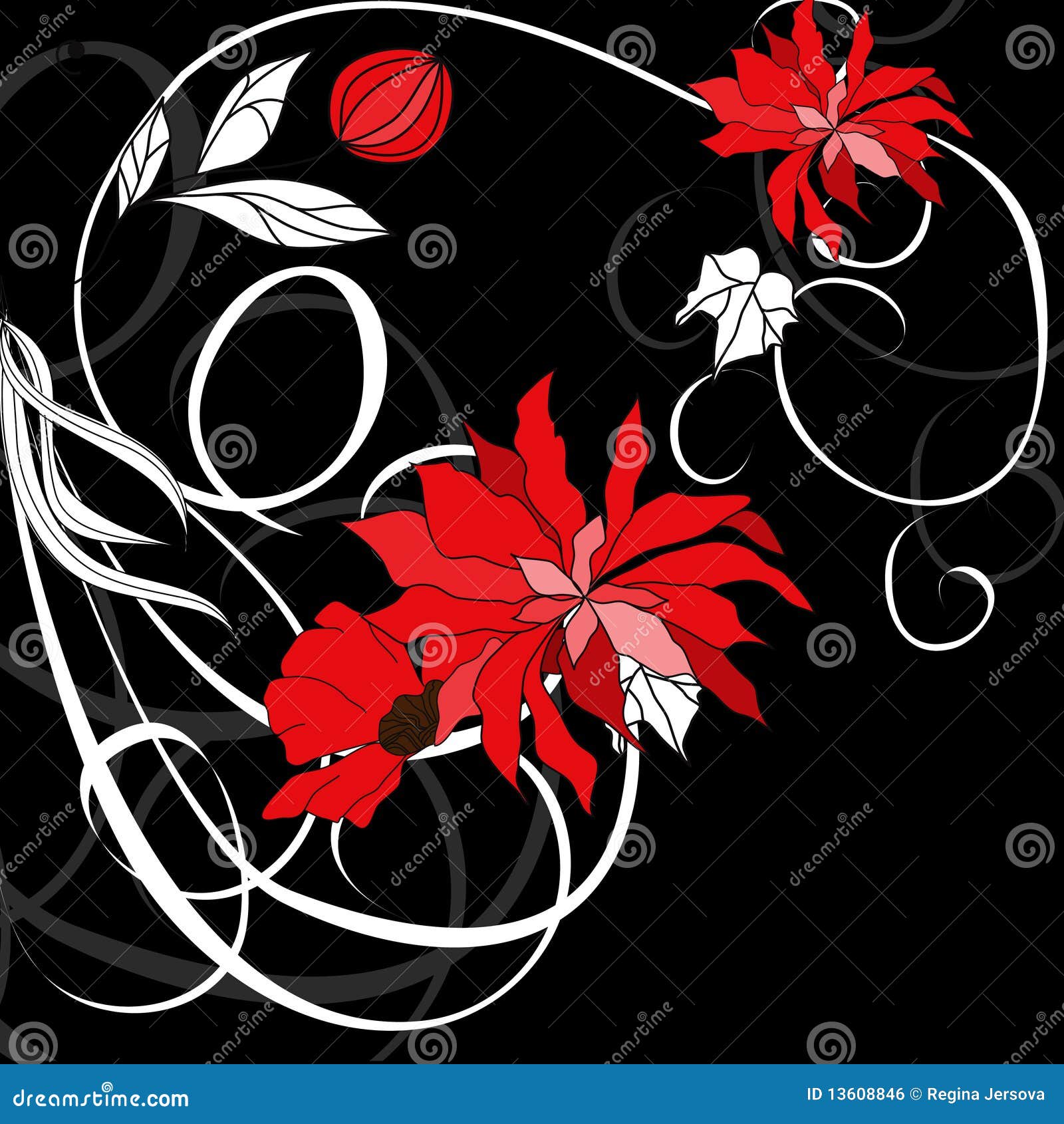 Red Flowers on Black Background Stock Vector Illustration of