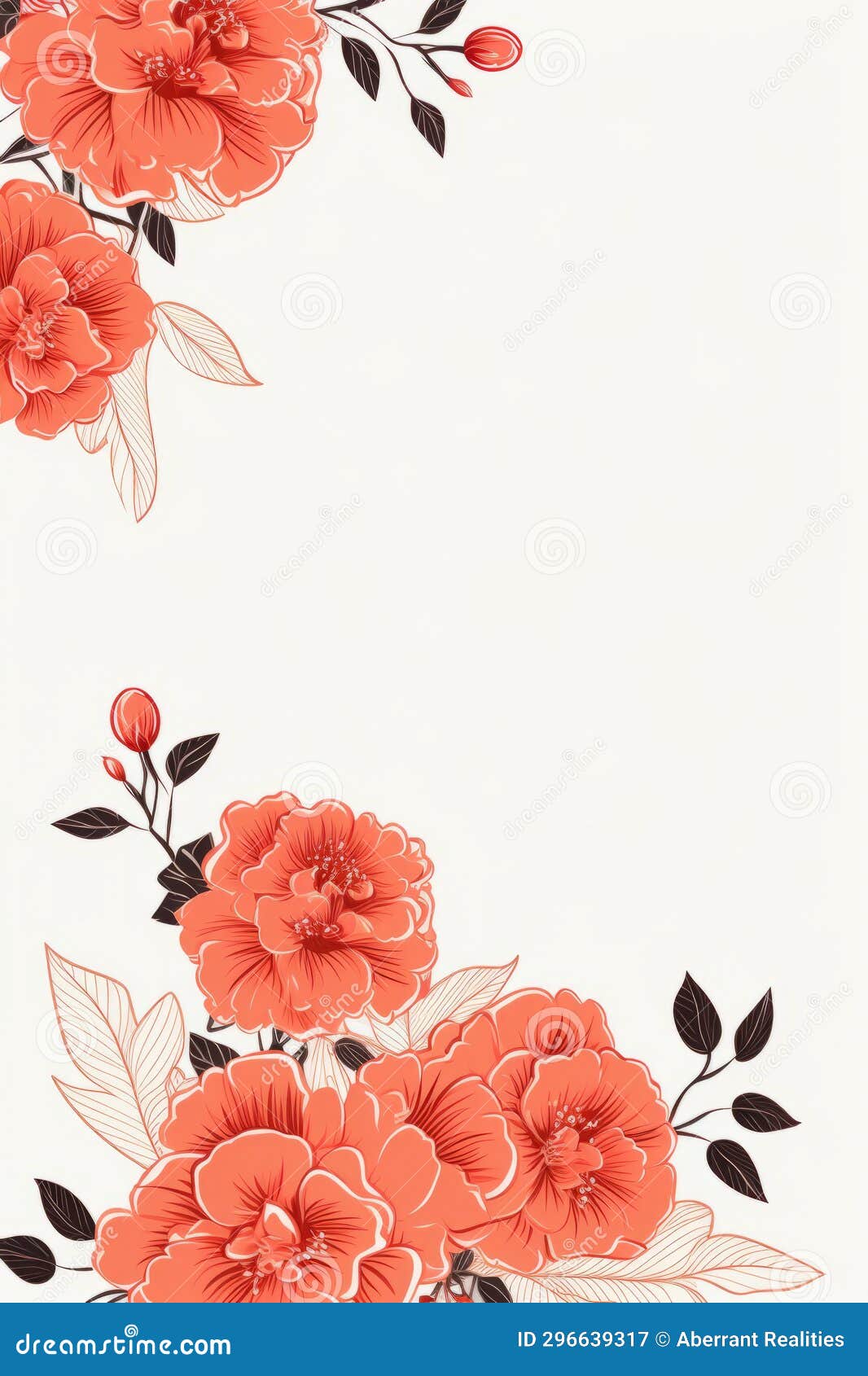 Red Flowers and Leaves on a White Background Stock Illustration