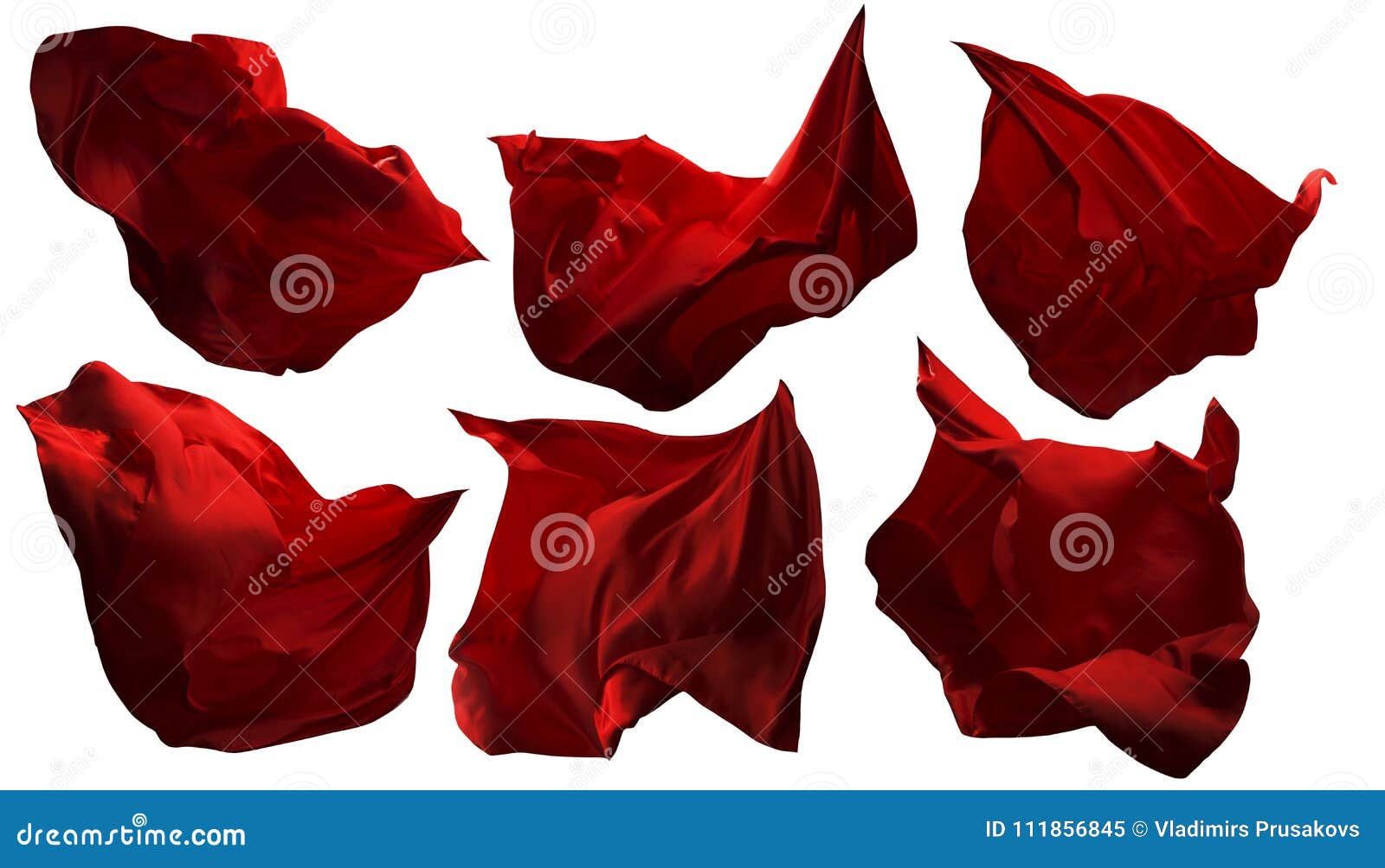 red flying fabric pieces, flowing waving cloth, shine satin