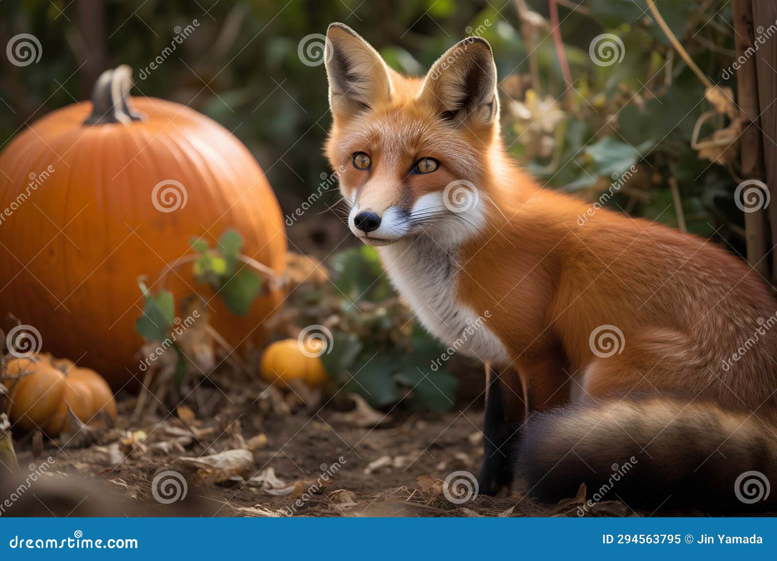 Red Fox Sitting in Front of Pumpkins in a Pumpkin Patch. Stock Illustration Illustration of