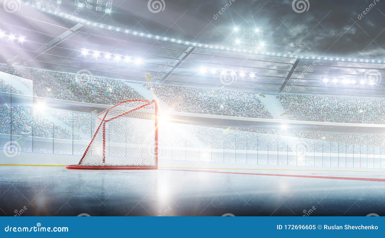 red gate on the empty hockey rink. hockey gates in the spotlight. hockeq arena. sport background