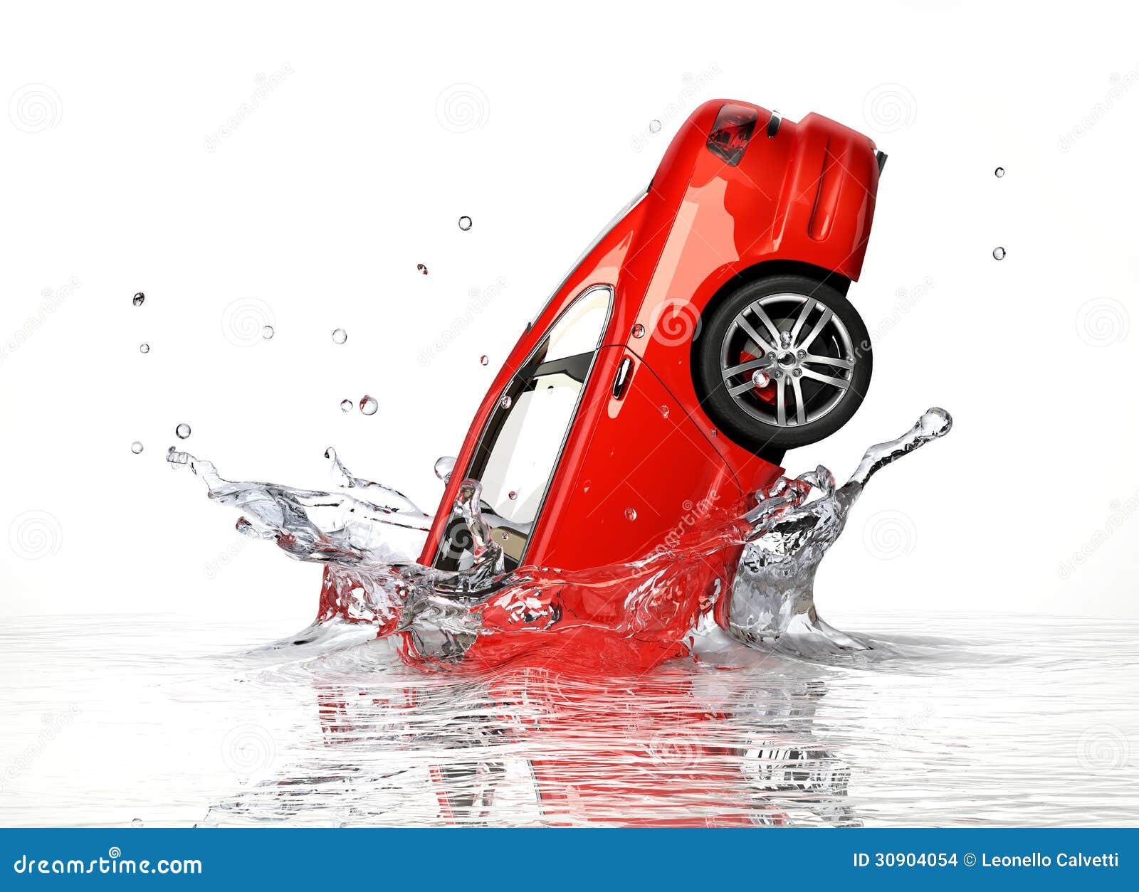 Red Generic Sedan Car, Falling Into Water Splashing. Stock Images
