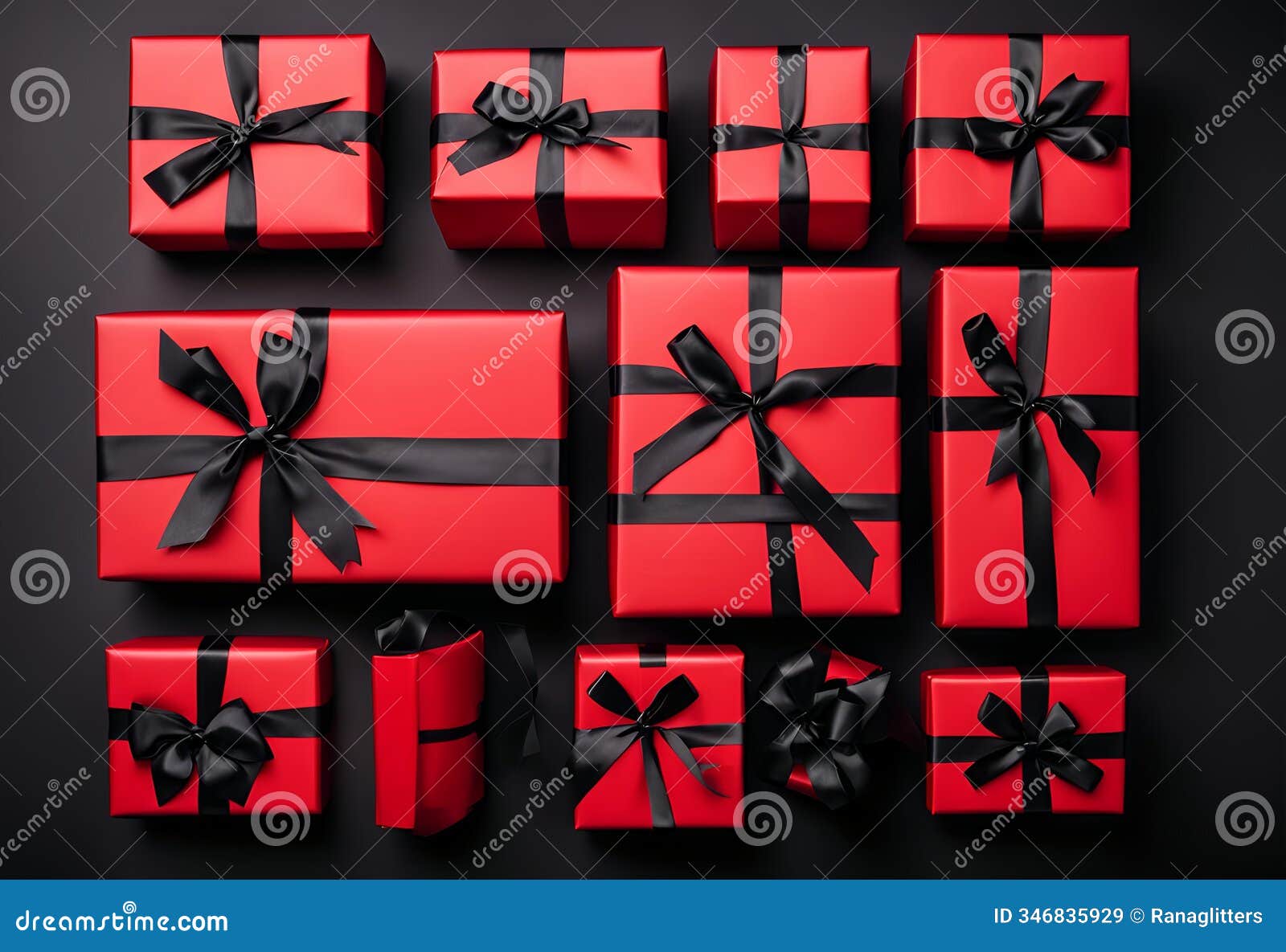 red gift boxes with black ribbons in a stacked layout