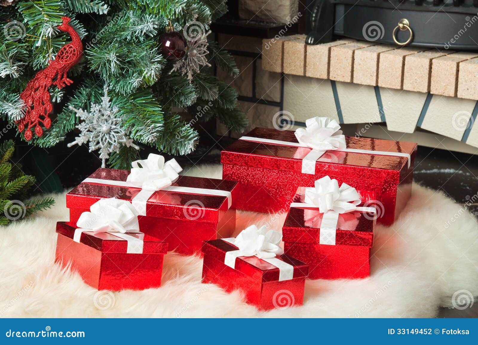 Red Gift Boxes Near Christmas Tree and Fireplace Stock Photo Image of hanging, culture 33149452