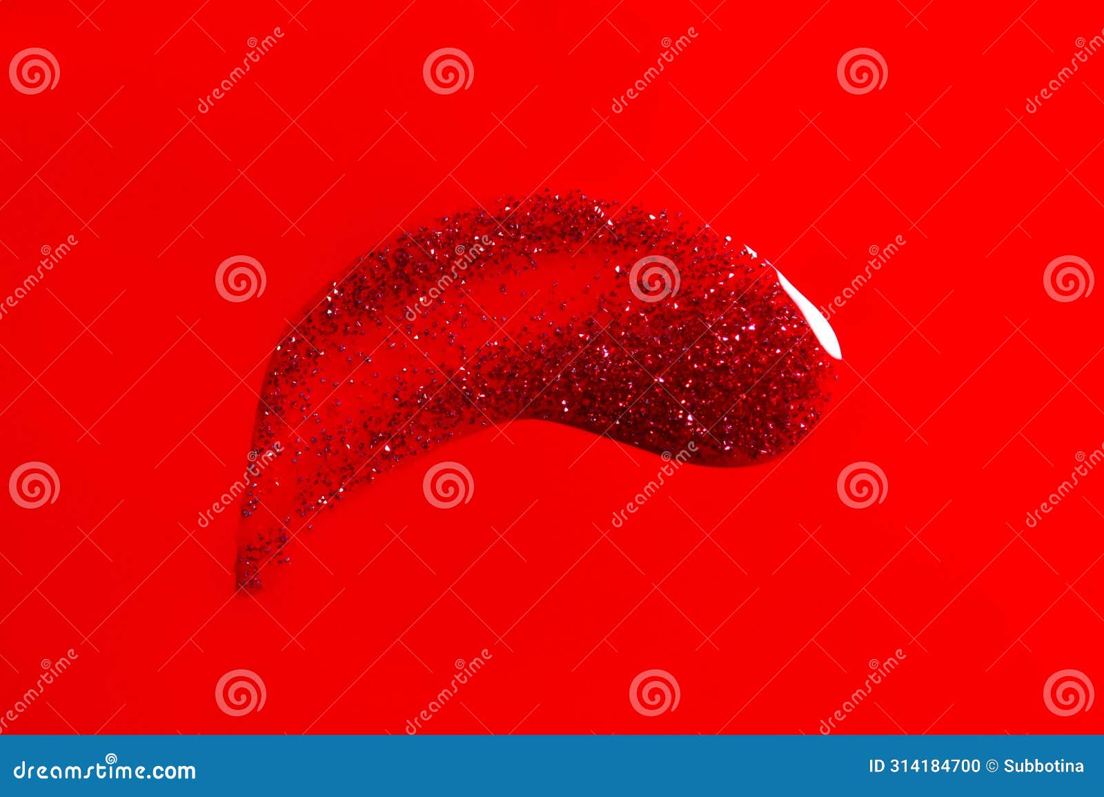red glitter nail polish uv gel smear. nailpolish liquid smudge on red background, surface