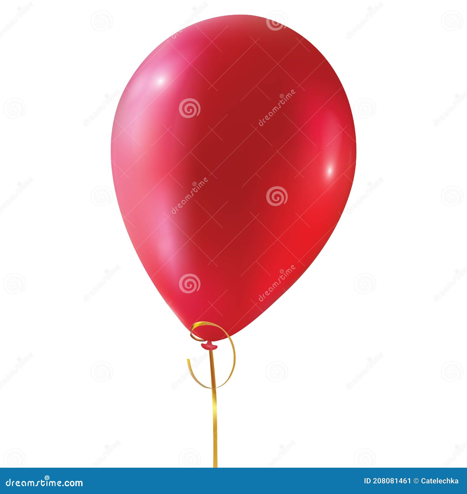Red Glossy Balloon With Curved Ribbon Rope Isolated On White
