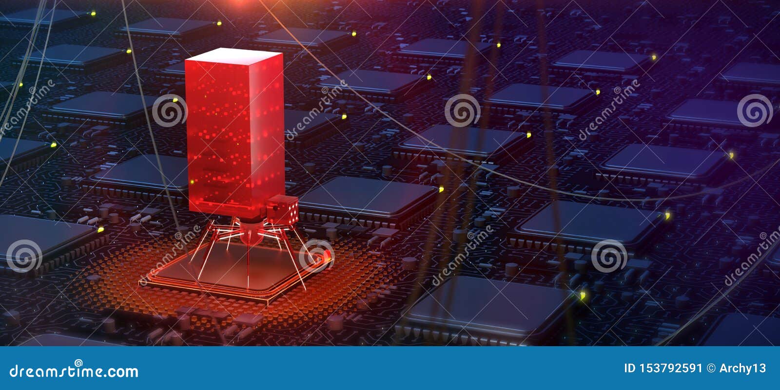 red glowing compiter bug on infected chip in cyberspace 3d redner. spyware, malware, virus trojan, keylogger, hacker