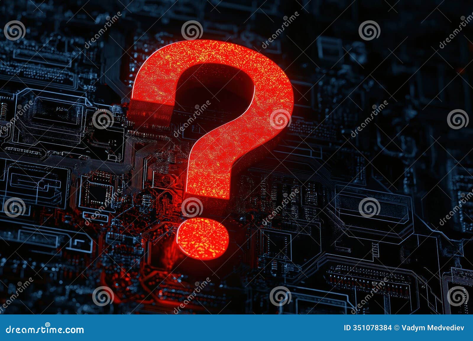 red glowing question mark  on tech circuit board. abstract concept of seeking answer help. modern tech support. problem