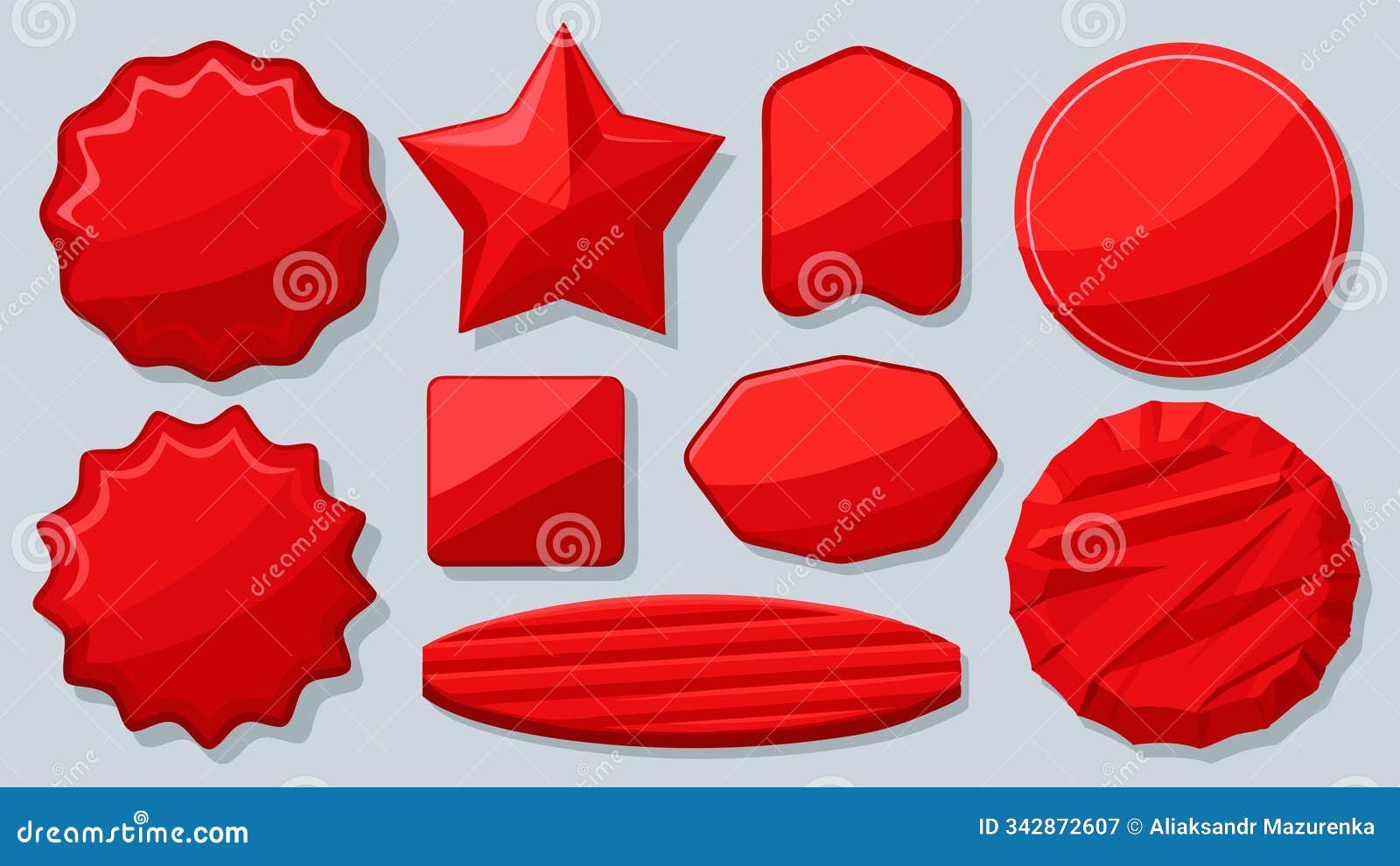 red glued stickers or crumpled paper patches mockup. blank shrunken labels of different s round, square, star, stripe an...