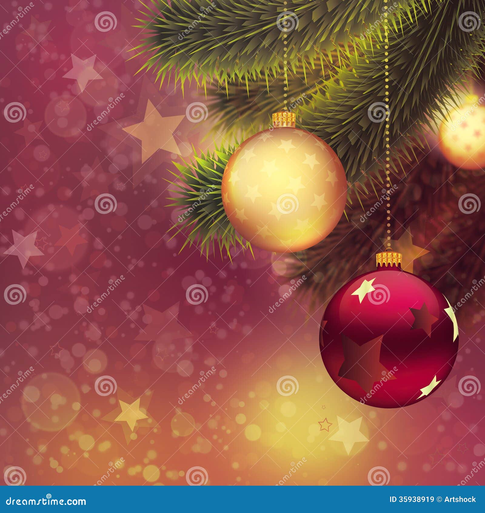 Red and Gold Balls on Branch Stock Illustration Illustration of