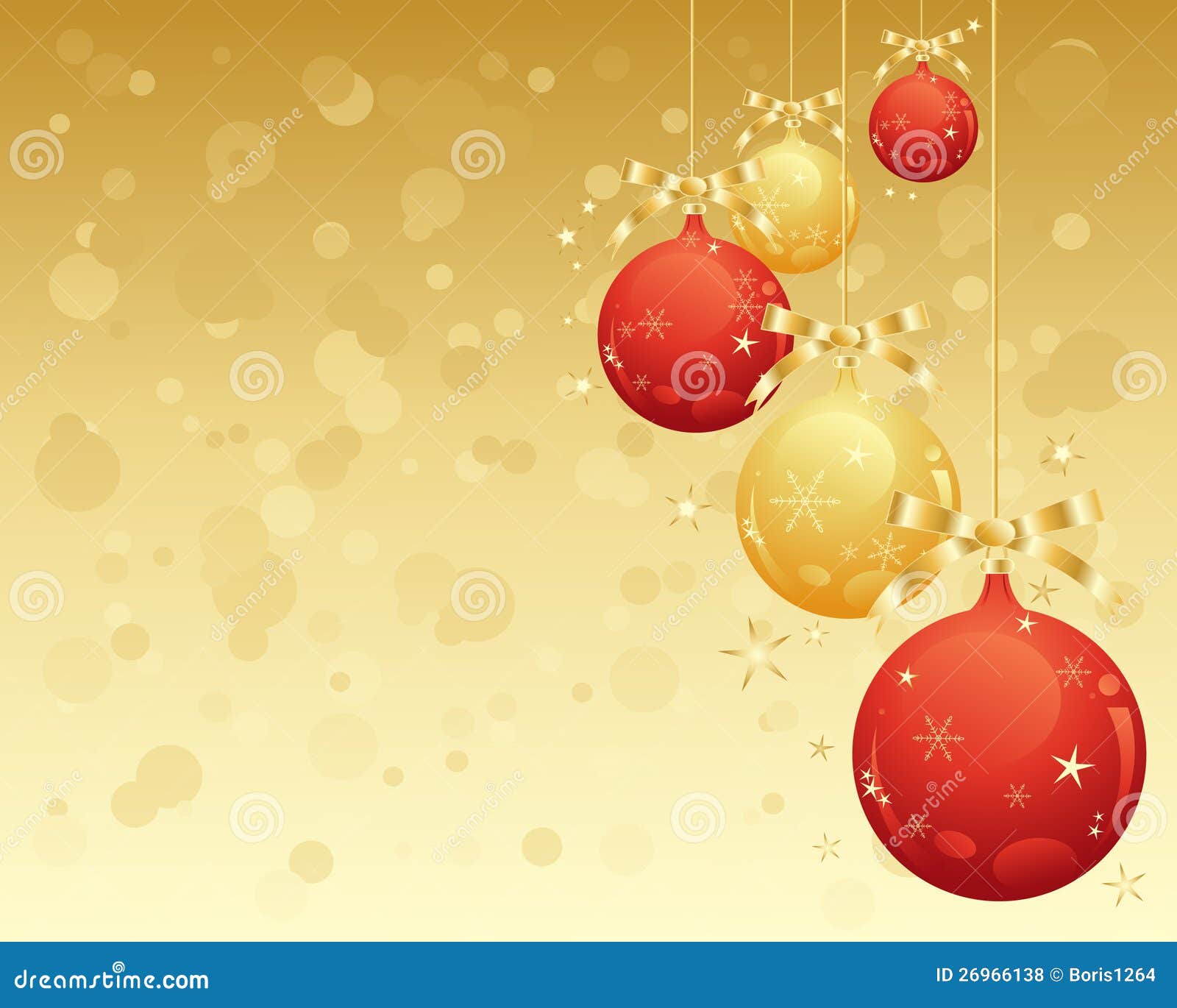 An illustration of metallic red and gold christmas decorative baubles with snowflke and stars with an abstact golden background