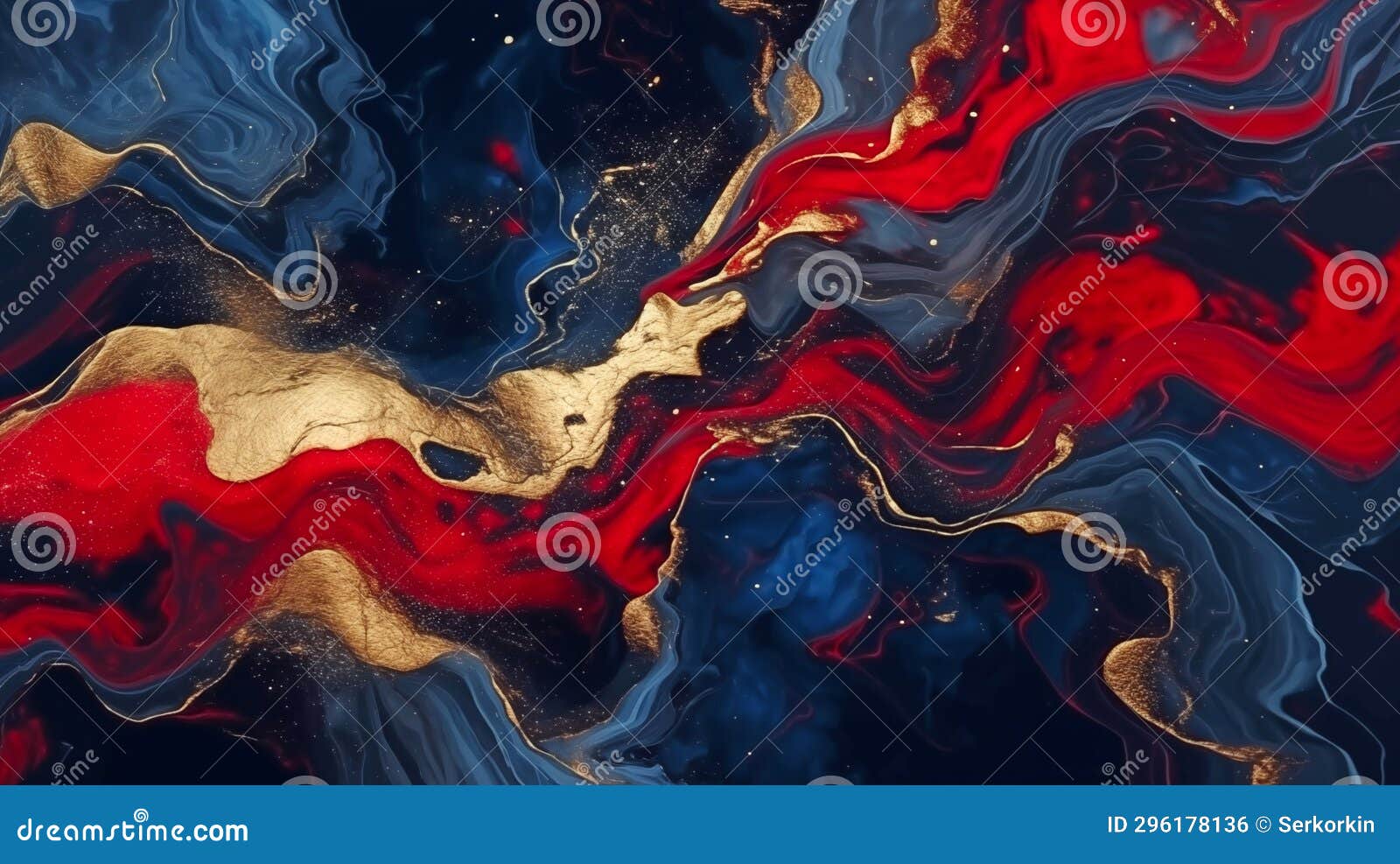 Red Gold Blue Smooth Waves of Liquid Abstract Background. Bright Glossy