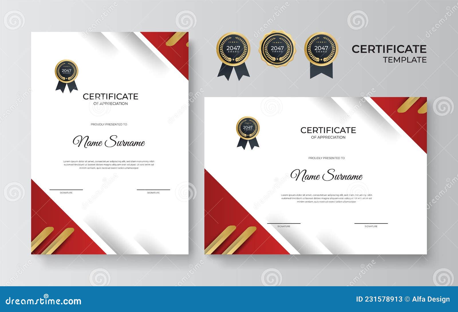Red and Gold Certificate of Achievement Template with Gold Badge and ...