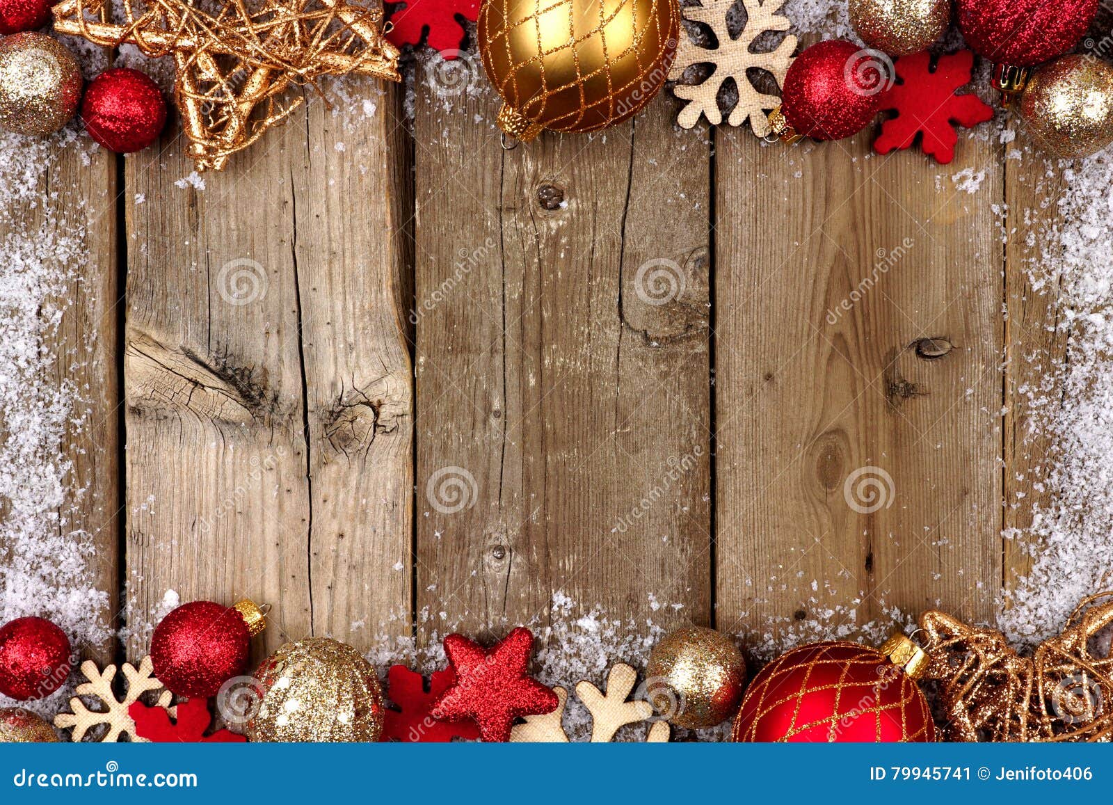 Red and Gold Christmas Double Border with Snow on Wood Stock Image ...
