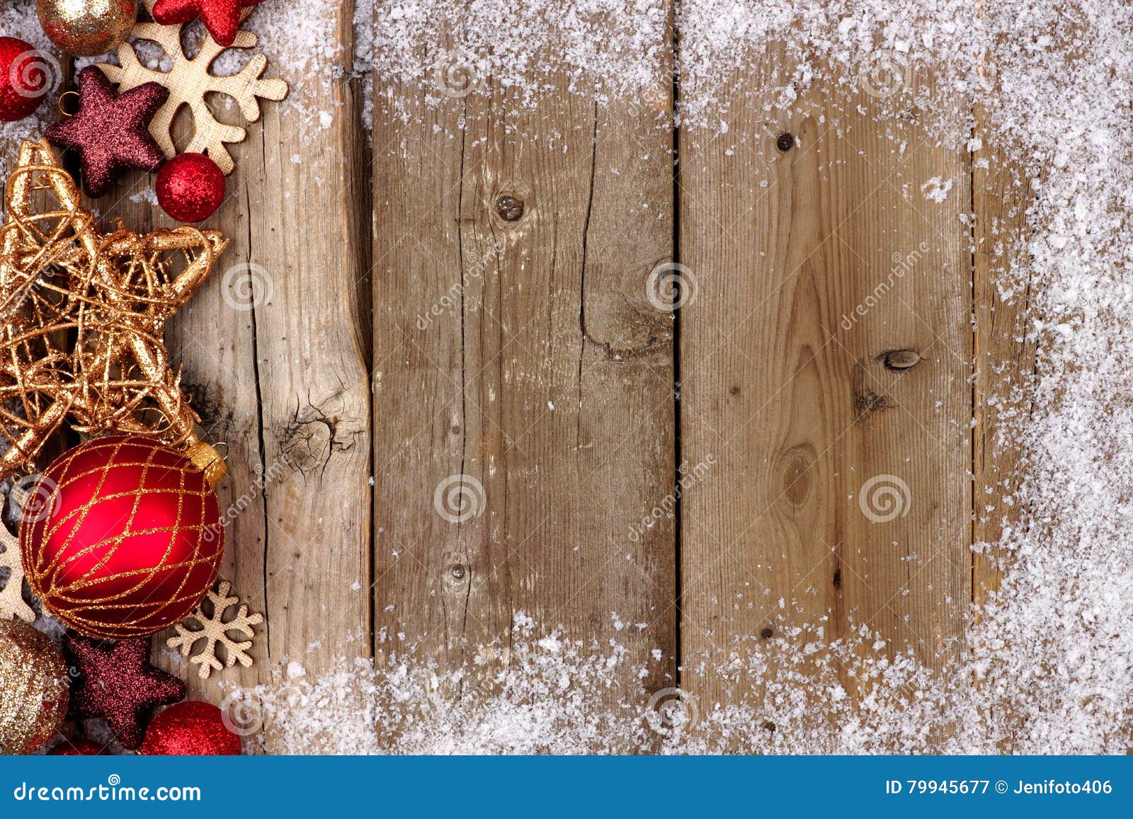 Red and Gold Christmas Side Border with Snow on Wood Stock Image ...