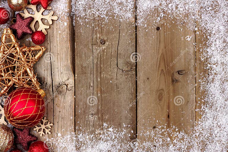 Red and Gold Christmas Side Border with Snow on Wood Stock Image ...