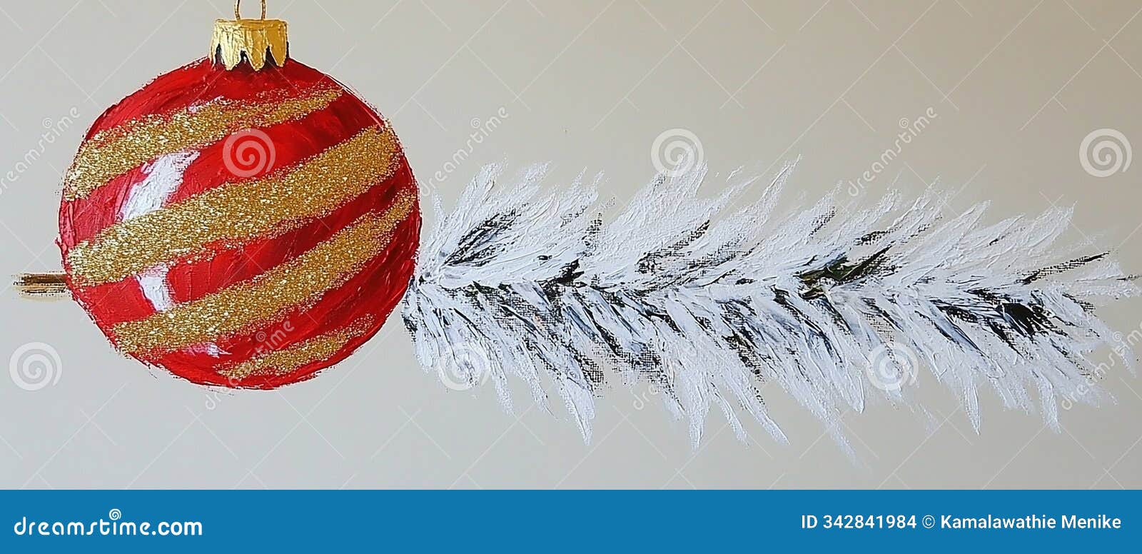 red and gold ornaments on a frosted evergreen branch