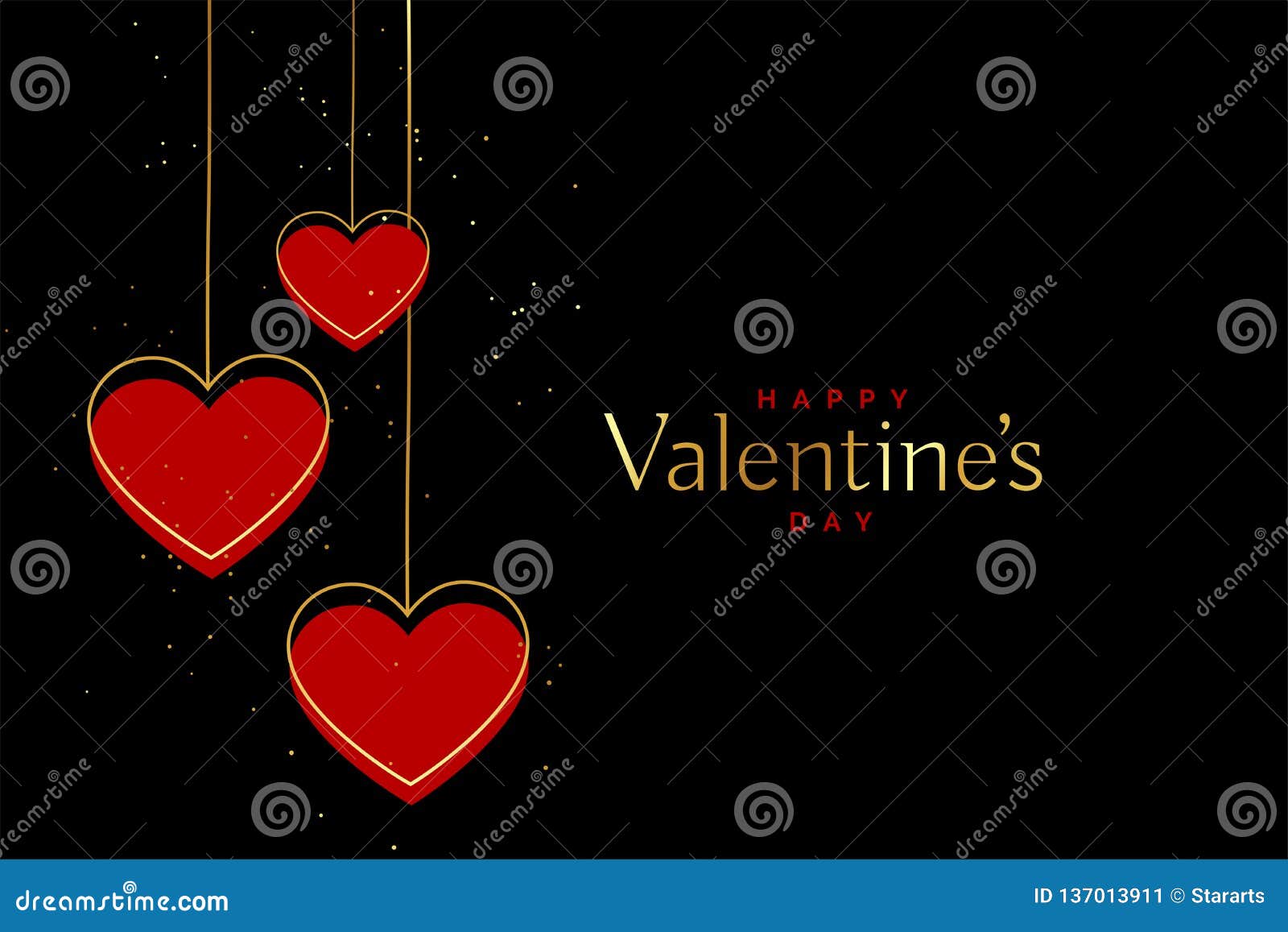 Red and Gold Valentines Day Hearts on Black Background Stock Vector