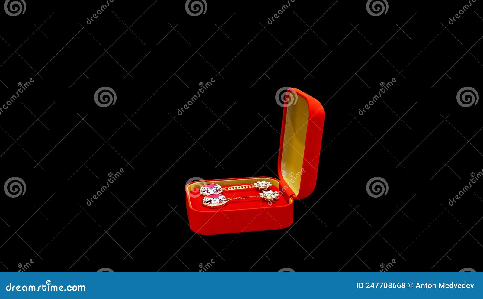 red and golden opened bijouterie gift box with diamond eardrops on black, , fictitious  - object 3d rendering
