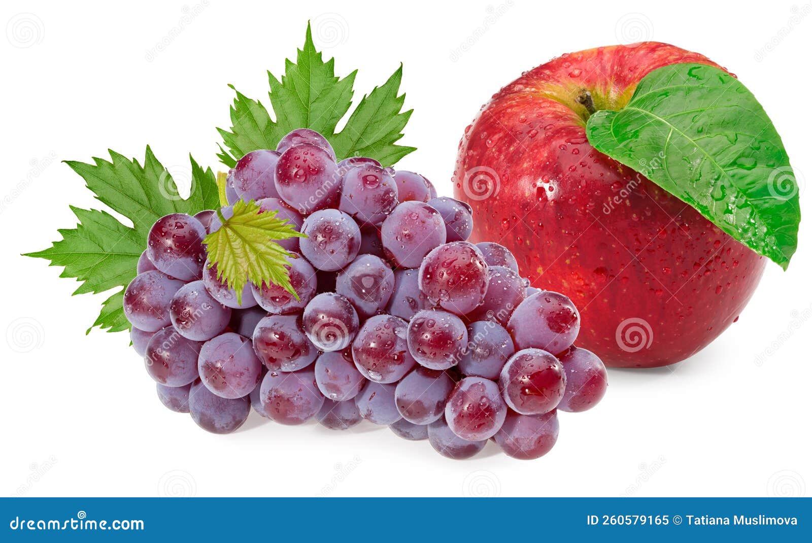 Red Grapes Berries with Red Apple and Green Leaves Isolated on White