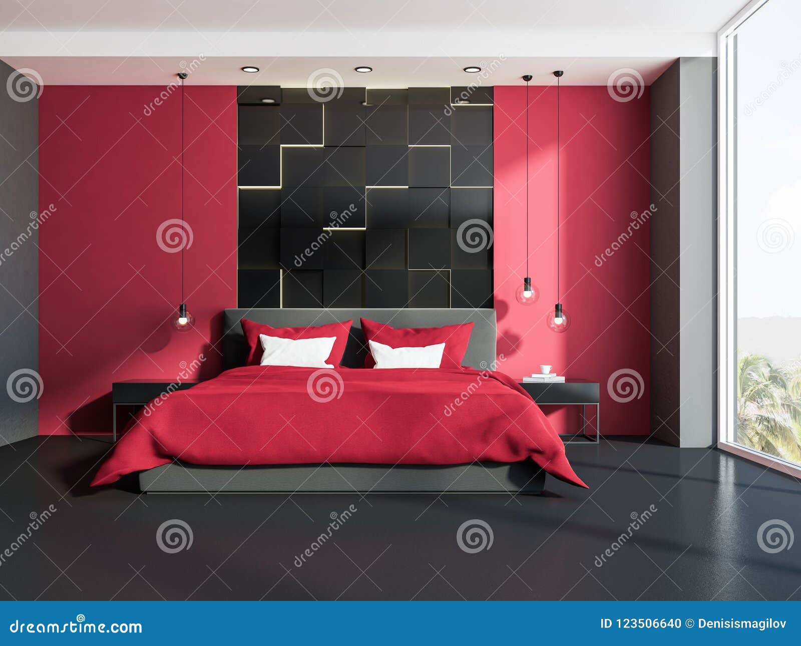 Red And Gray Bedroom Interior Stock Illustration Illustration Of   Red Gray Bedroom Interior Stylish Bedroom Interior Red Walls Gray Floor Panoramic Windows Red Double Bed Original 123506640 