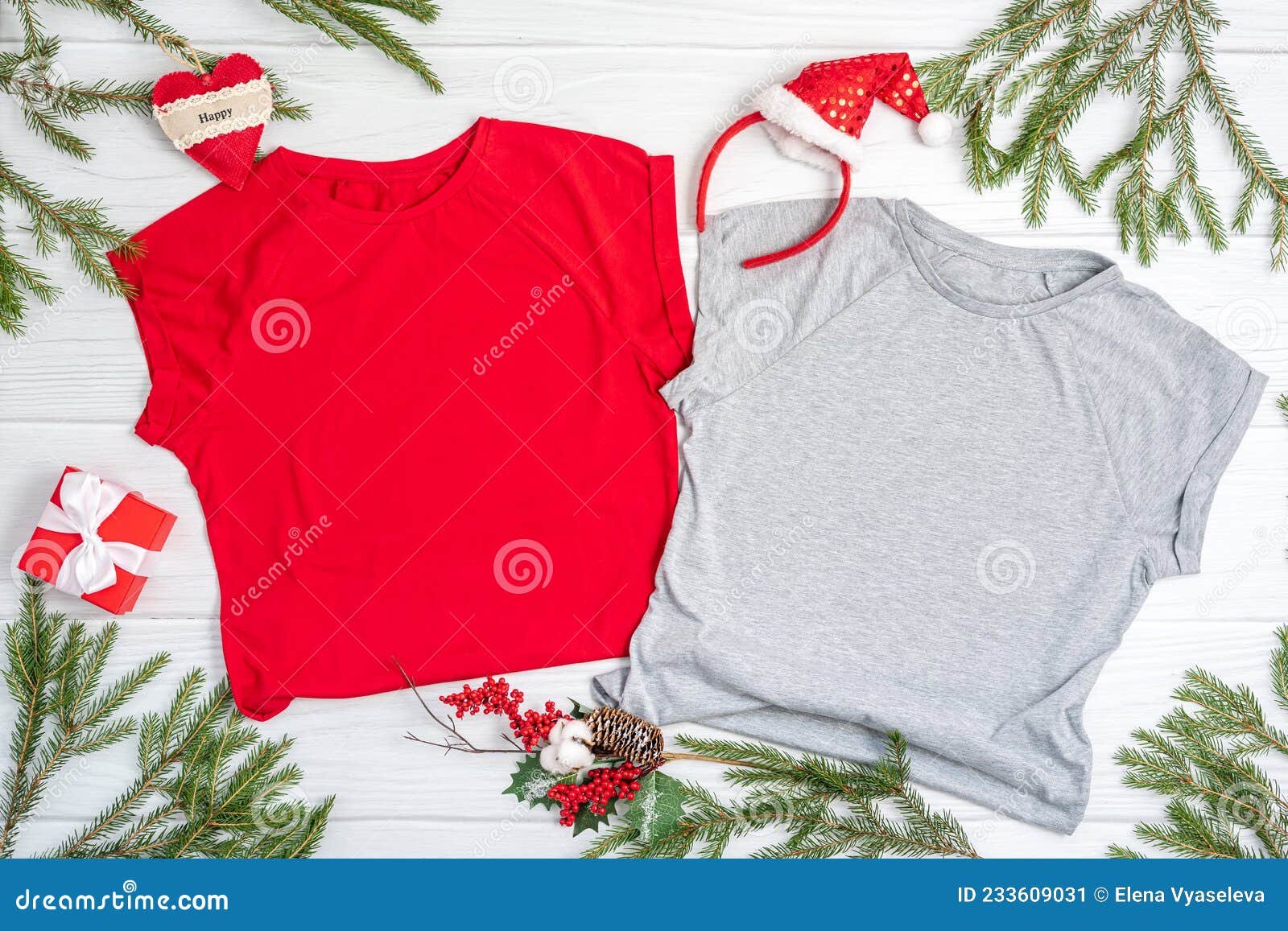 Christmas Mockup T-shirt on White Background Flatlay, Copyspace Stock ...