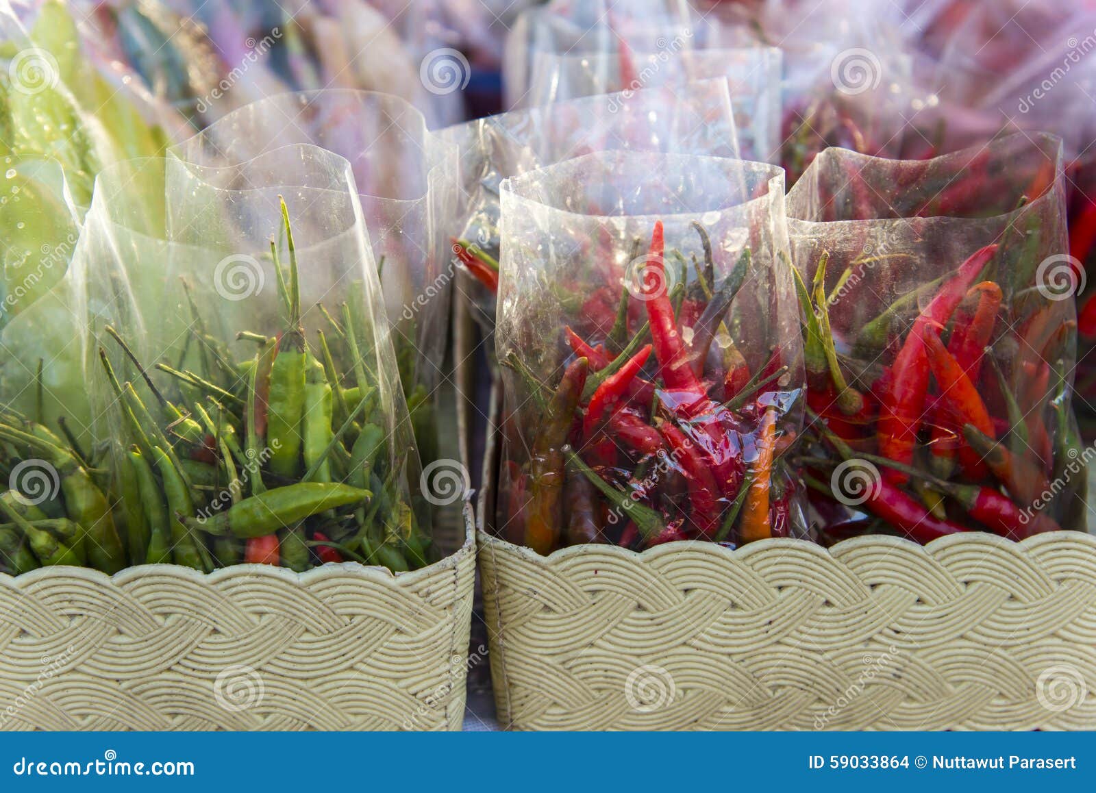 Red and Green Chilli in Plastic Bag on Vegetable Shop , Market, Stock