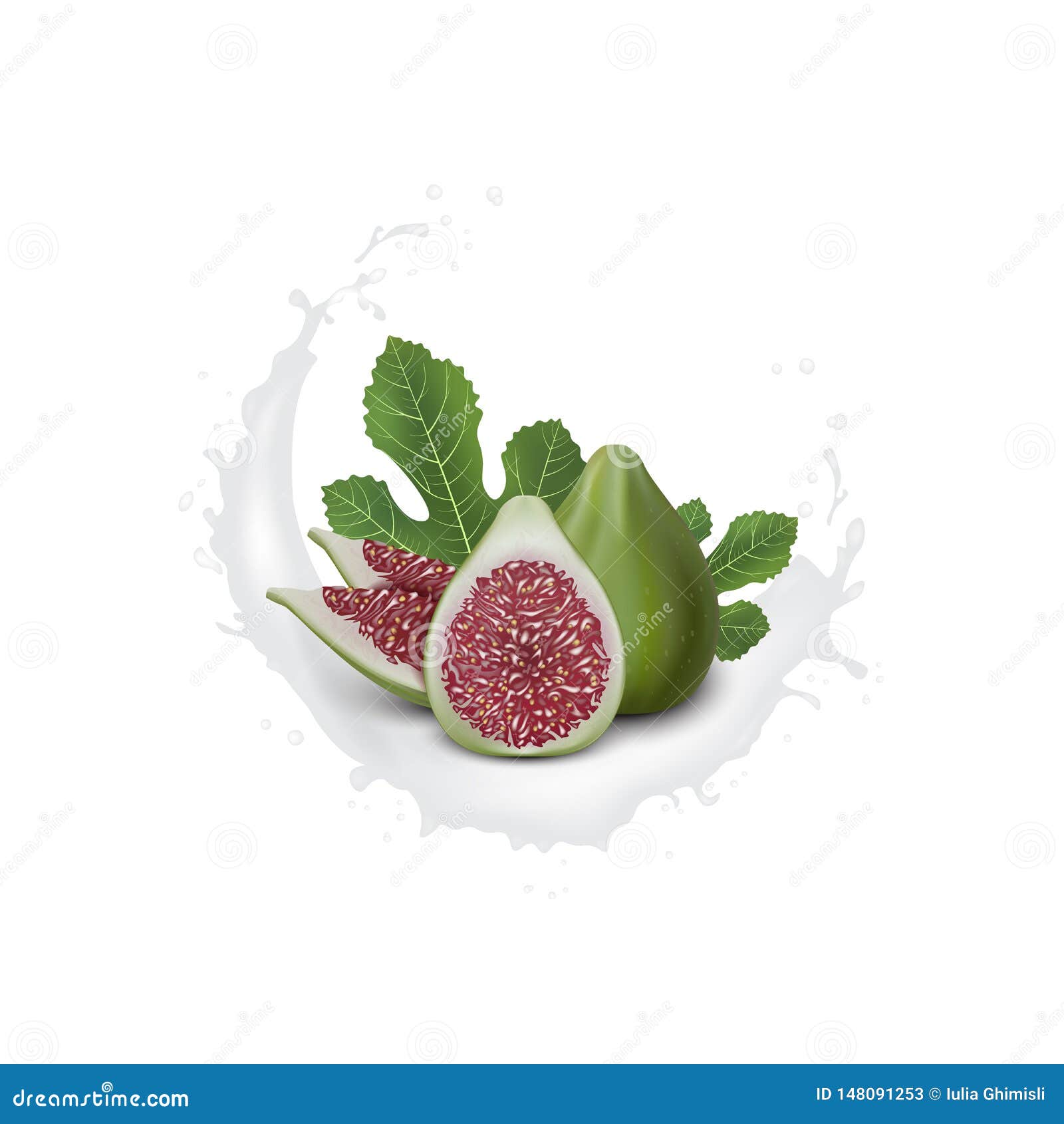 red and green fig. realistic 3d figs with splashing milk. detailed 3d   on purple with yogurt splash. 