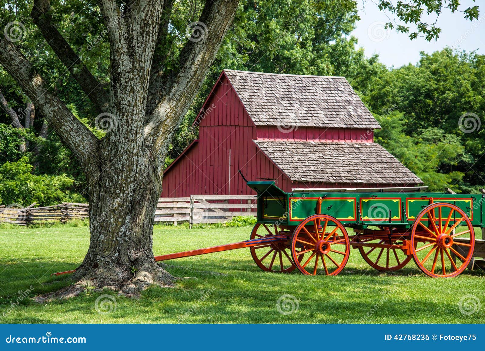  of a Old Red Barn on a farm in Missouri Town with old wooden fence