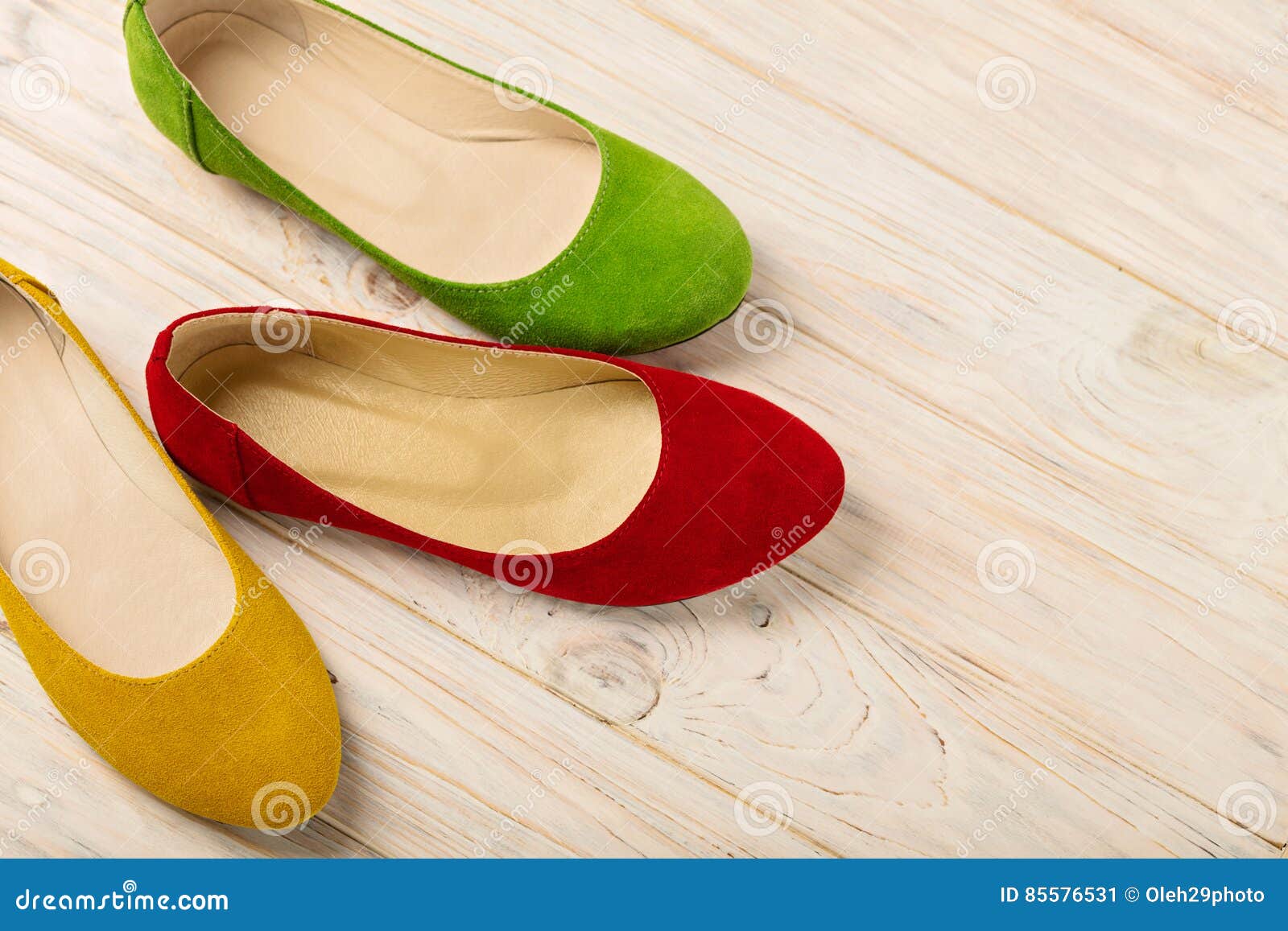 Red, Green and Yellow Women`s Shoes Ballerinas on Wooden Backg Stock ...