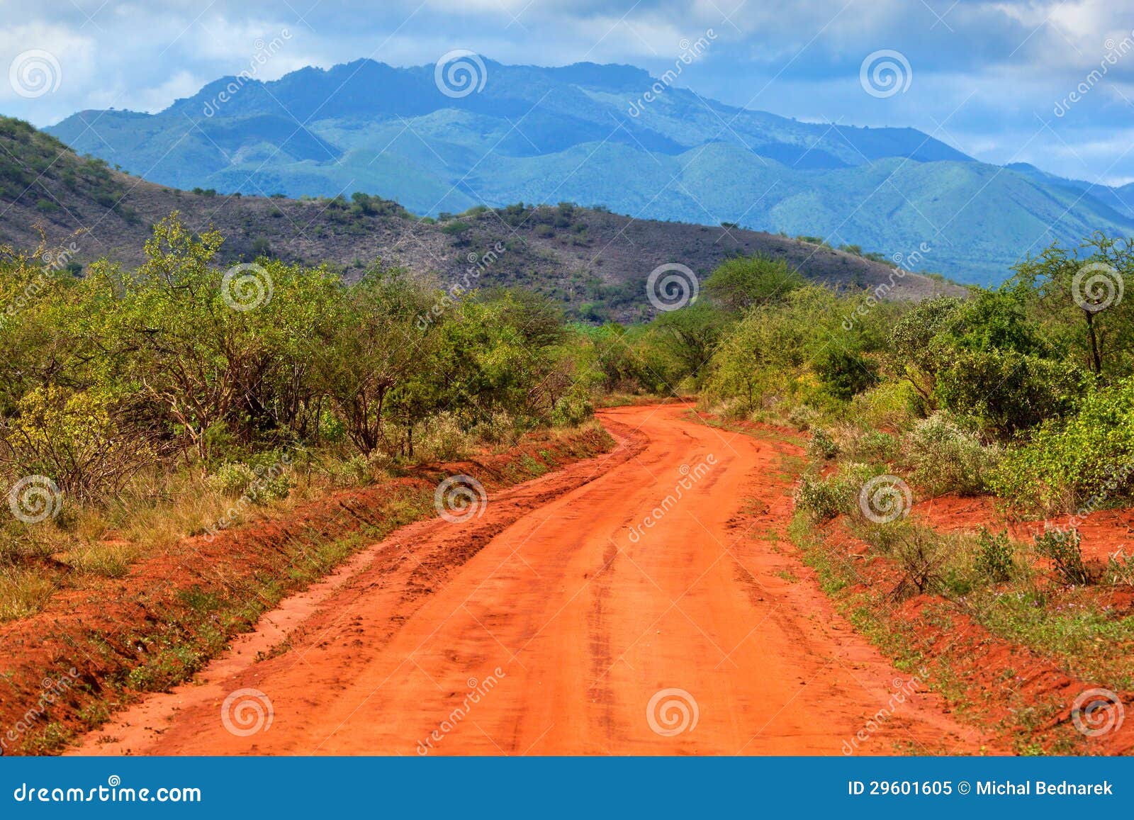 red ground road and savanna. tsavo west, kenya, africa