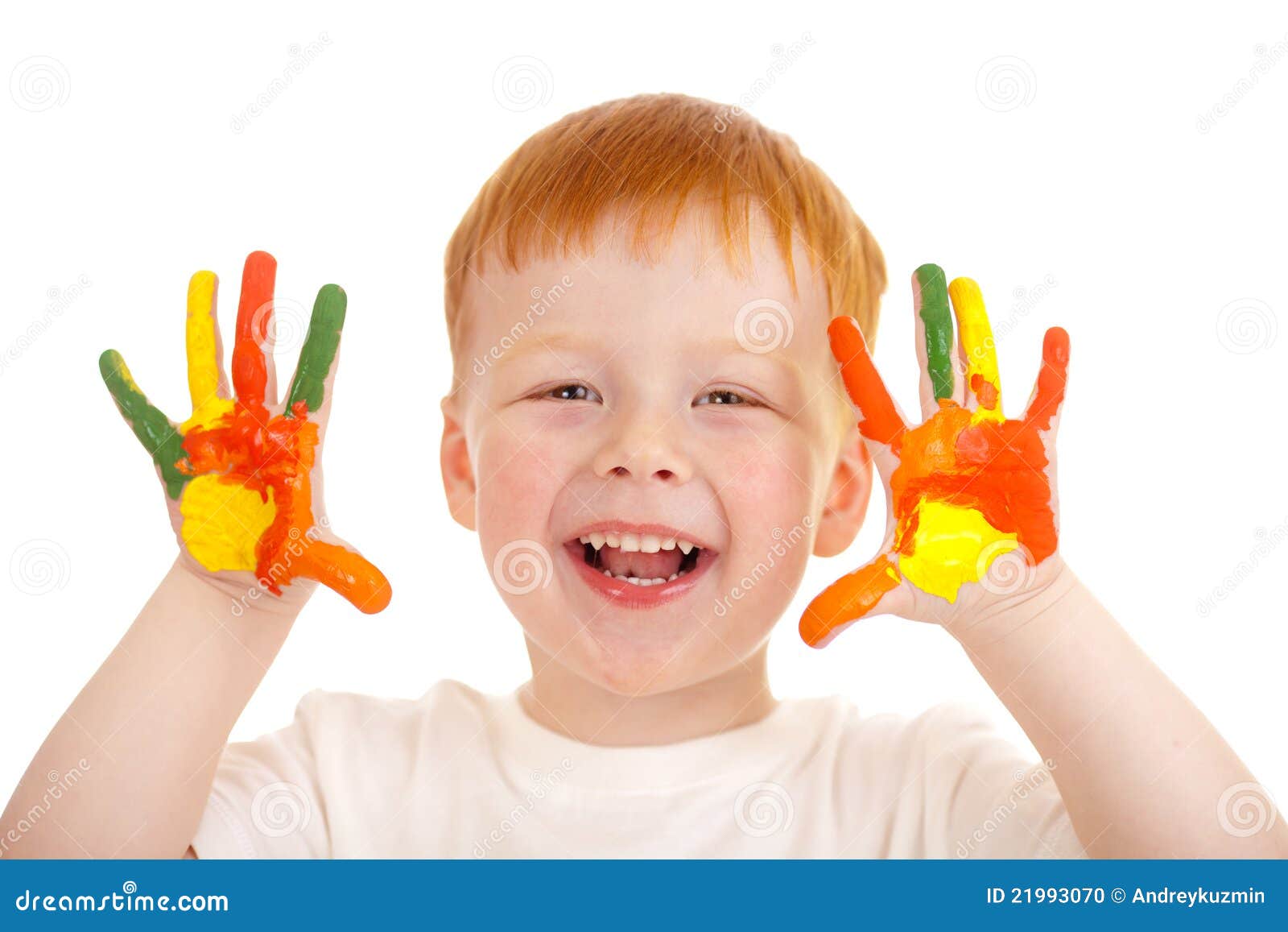 red-haired child hands painted in bright colors