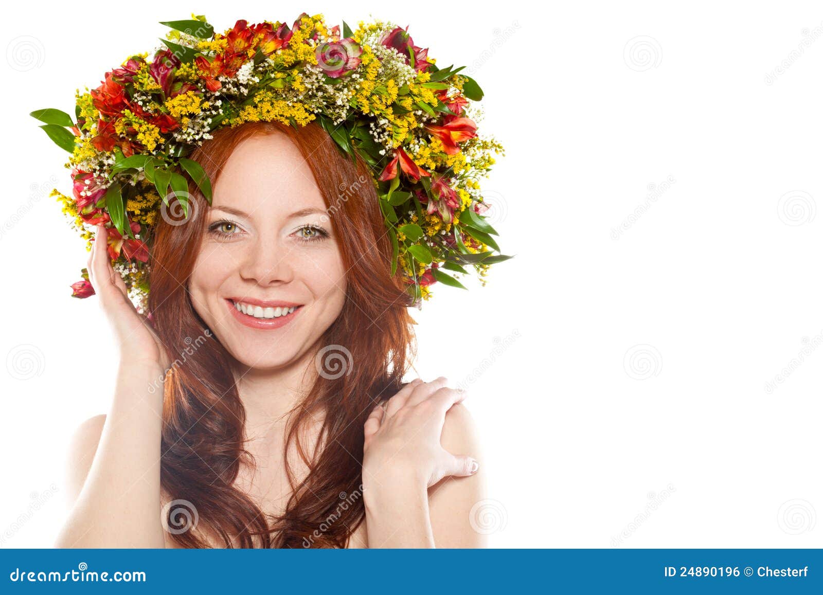 Red Haired Happy Woman with Flower Wreath on Head Stock Photo - Image ...