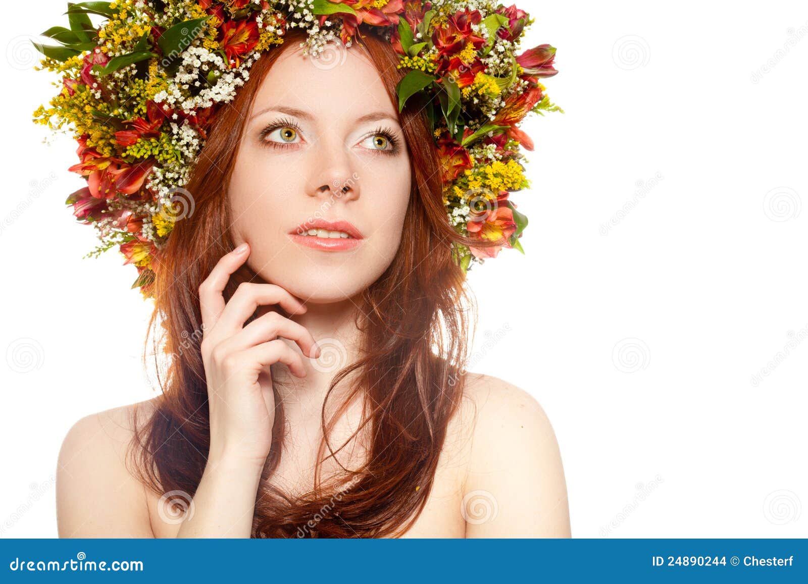 Red Haired Woman with Flower Wreath on Head Stock Photo - Image of ...