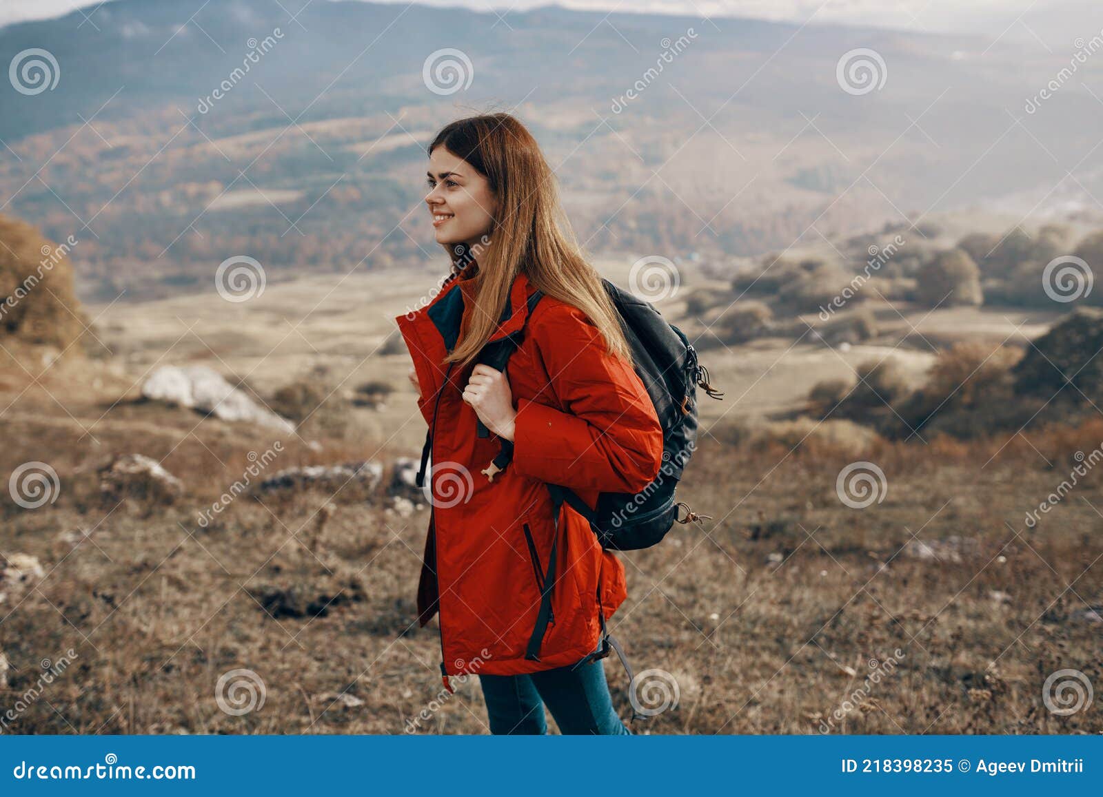 Red-haired Woman in Jacket with Backpack Travel Hiking Mountains Fresh ...