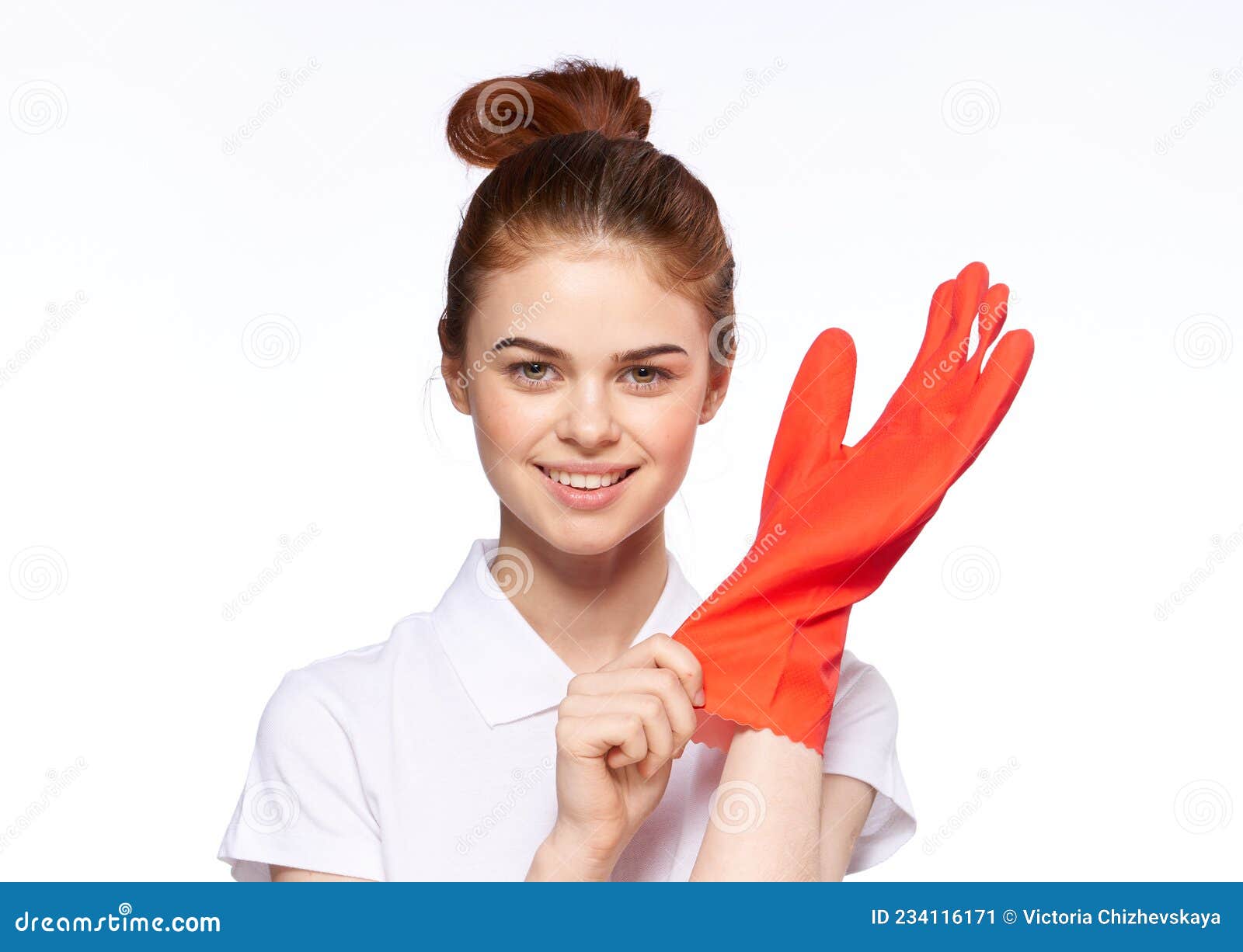 Red Haired Woman In White Shirt Cleaning Lady Housekeeping Stock Image Image Of Glove Spring