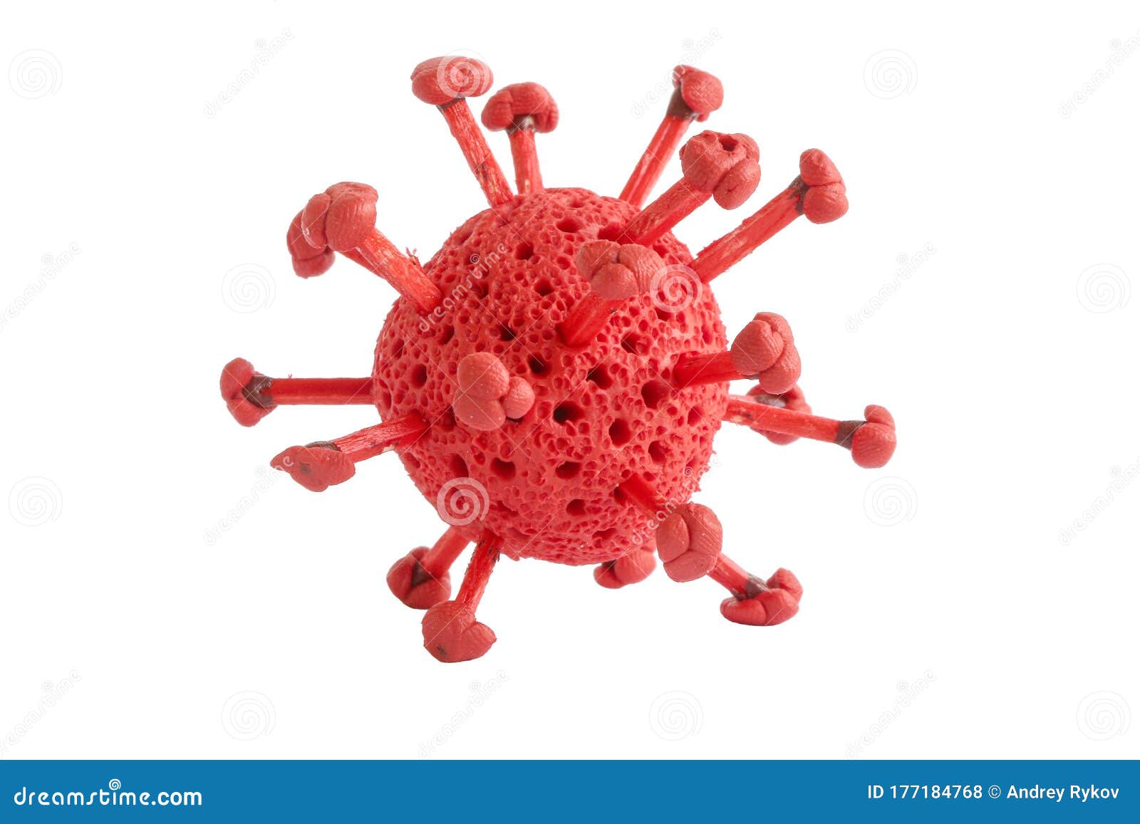 red handmade model of coronavirus or the other virus  on the white background