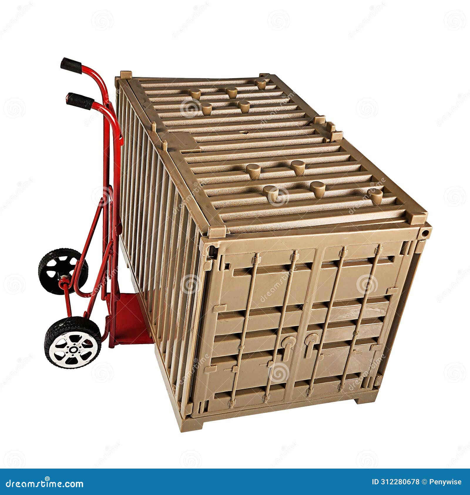 red handtruck and shipping container