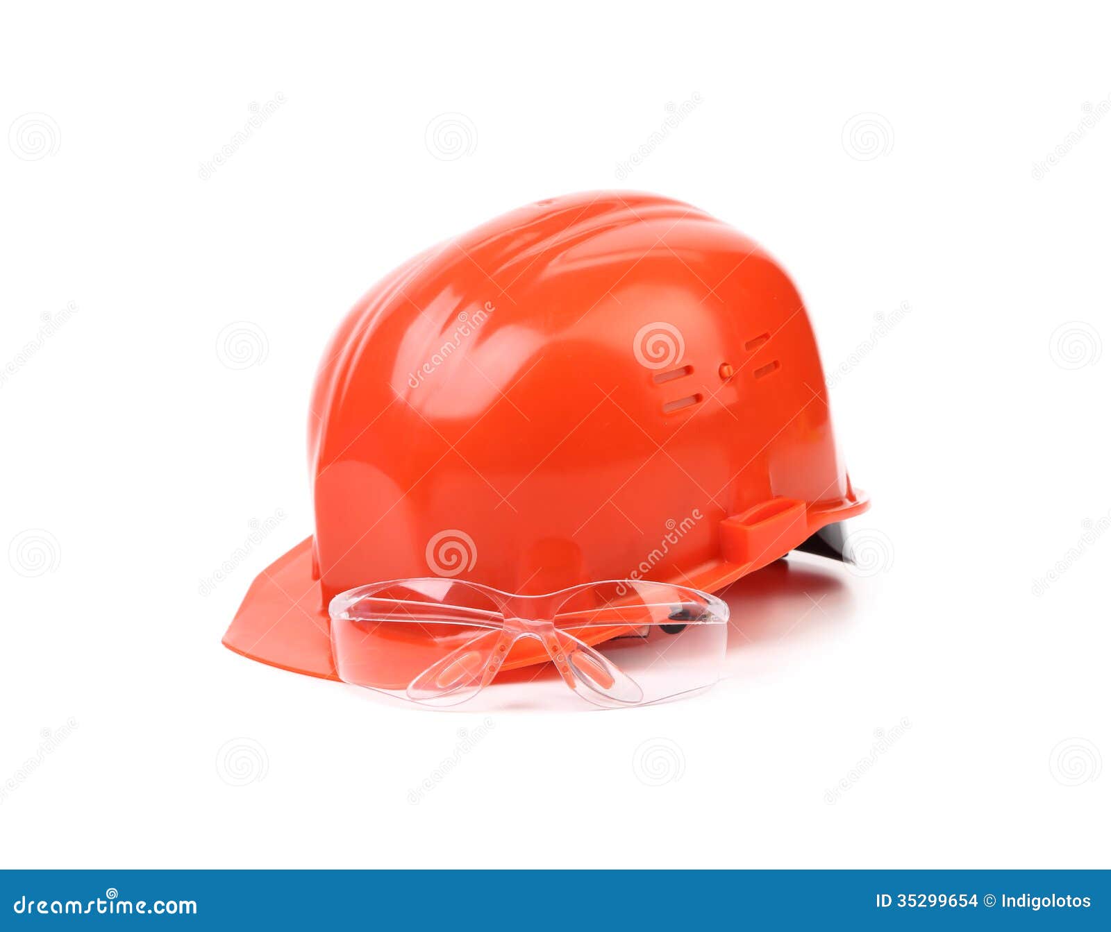 Red hard hat and glasses. stock photo. Image of glasses 35299654