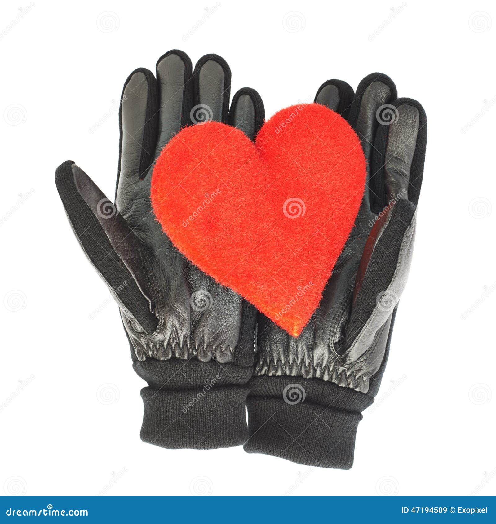 Red Heart in Black Leather Gloves Stock Image Image of beautiful
