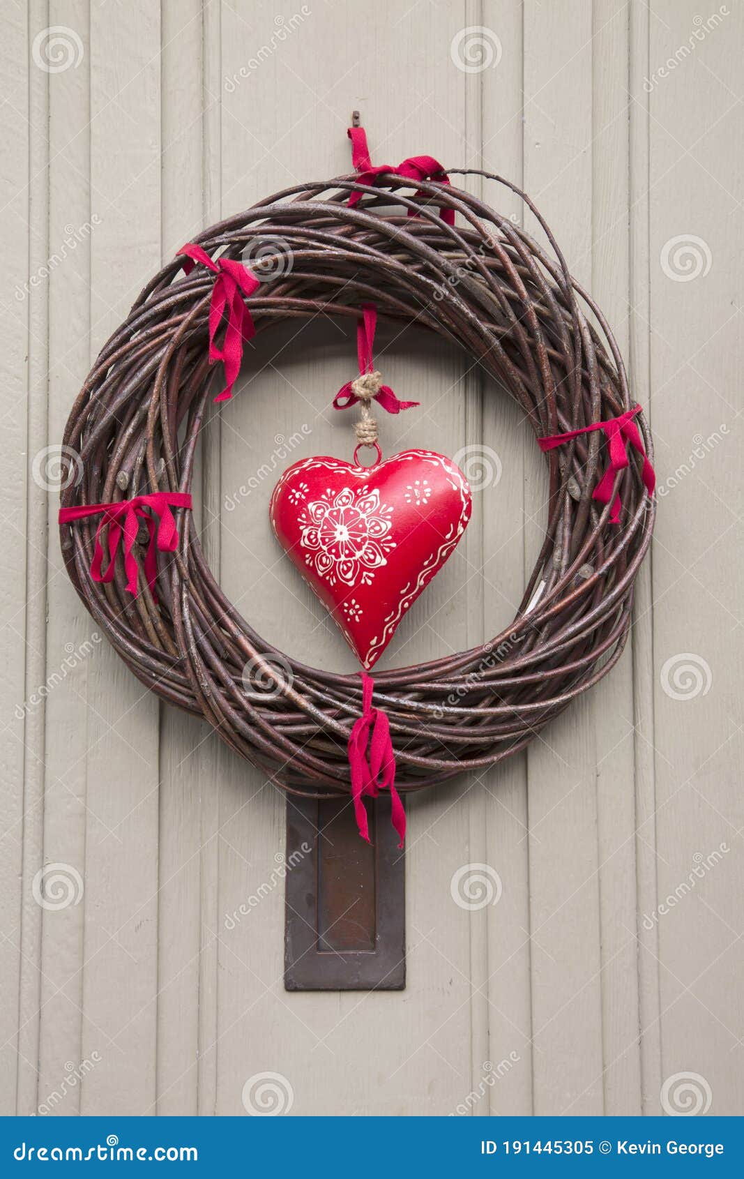 Red Heart Christmas Wreath on Door Stock Image Image of wood