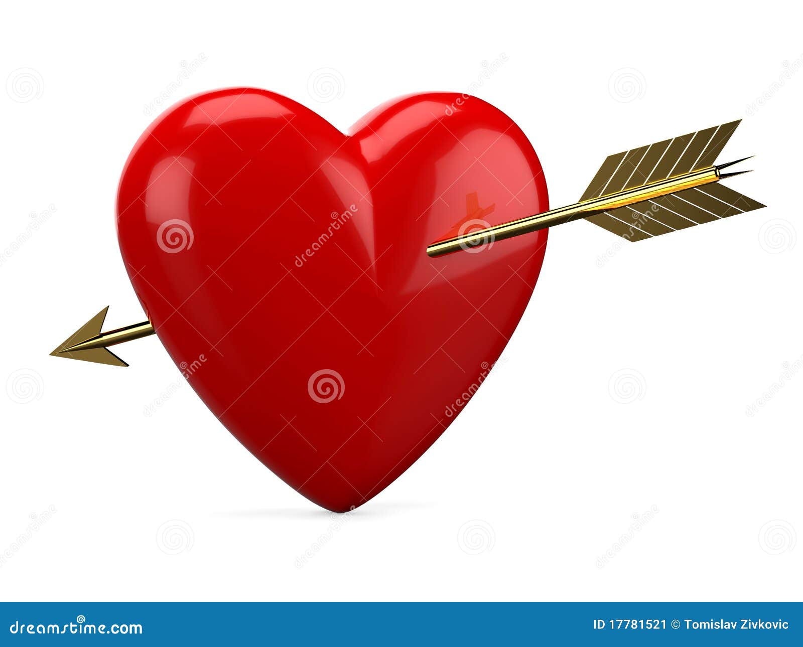 Red heart pierced with golden arrow isolated on white background