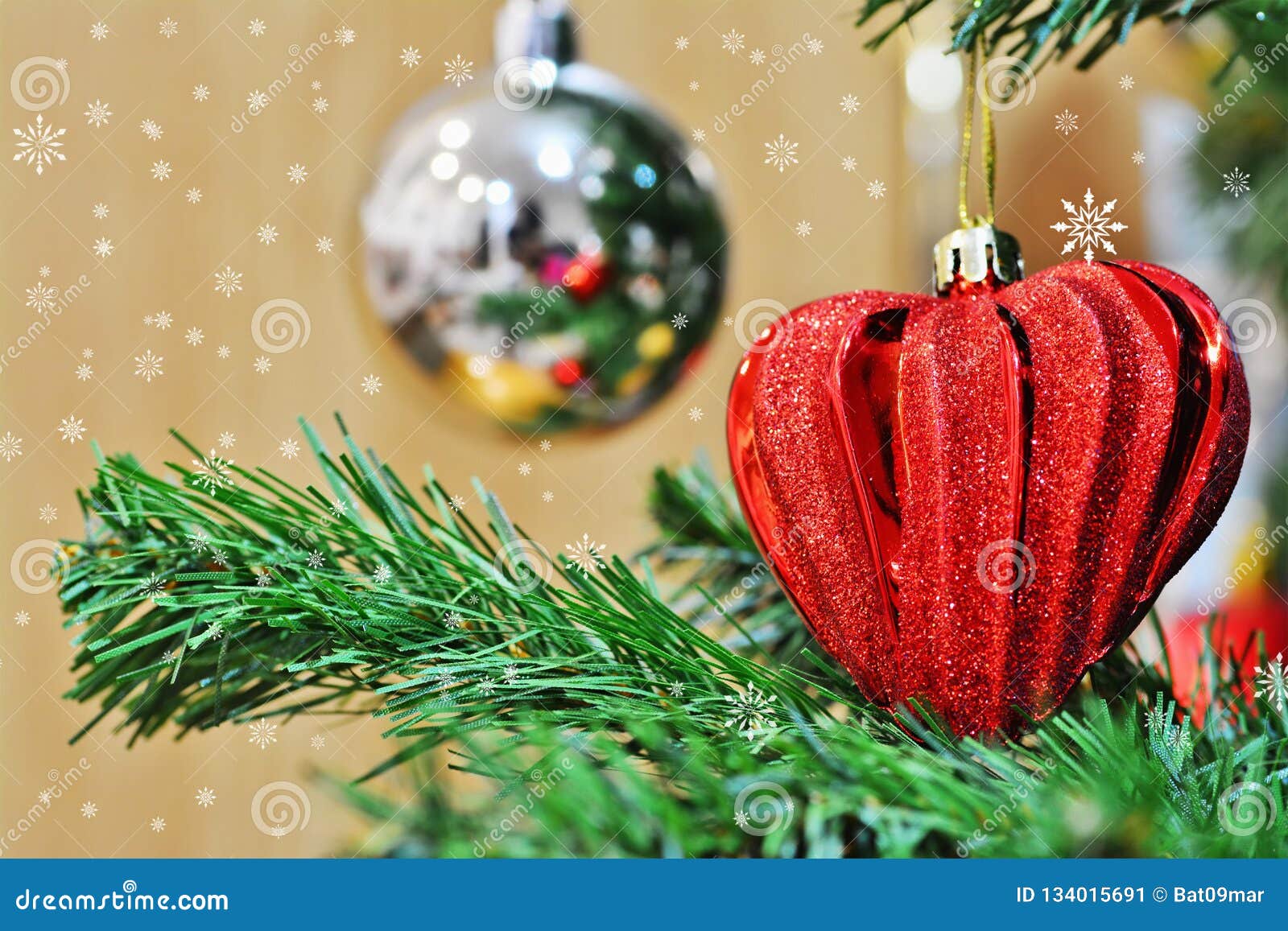 Red Heart Shaped Christmas Decoration on Christmas Tree Stock Image - Image of snow, symbol