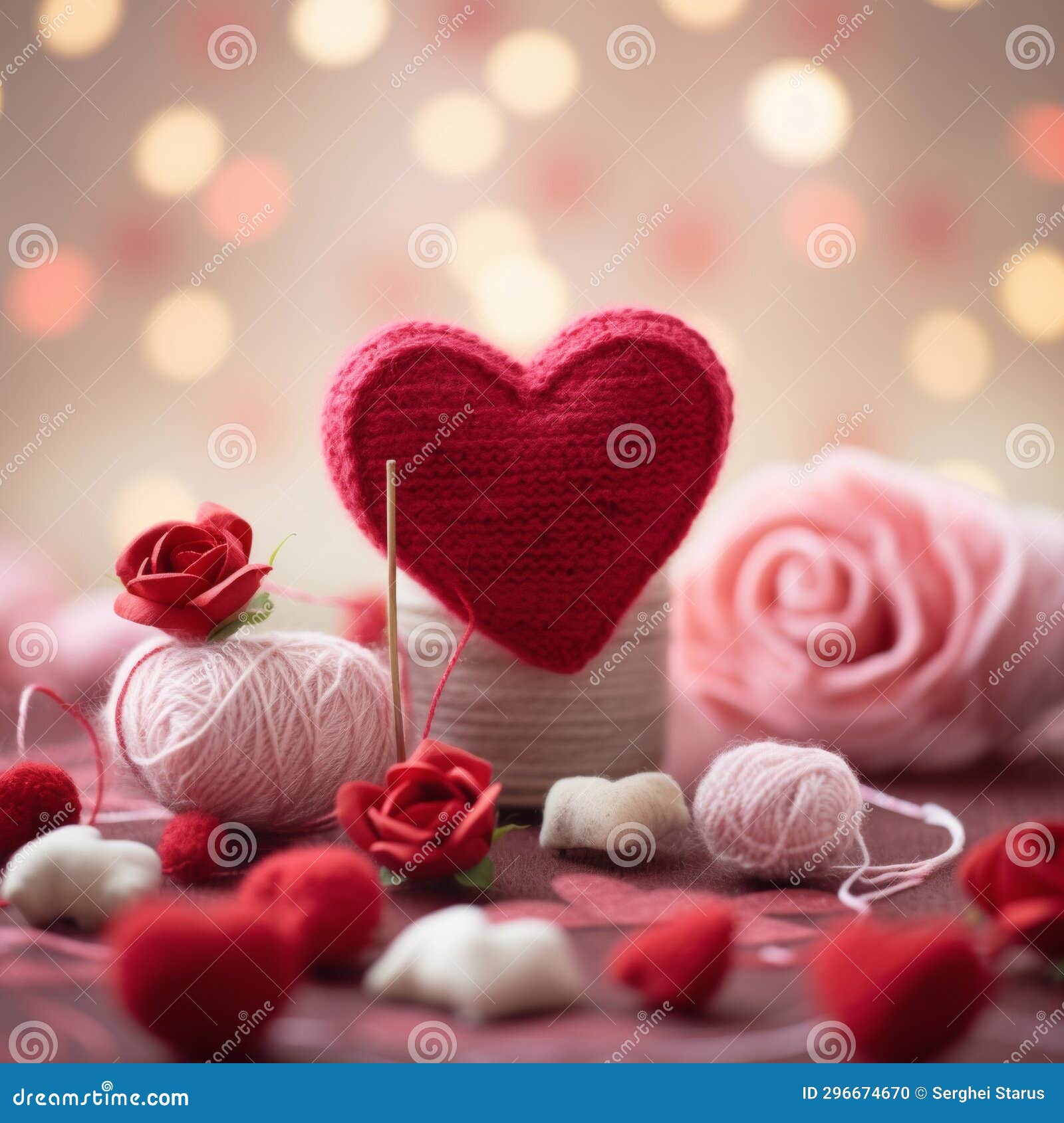 A Red Heart with Yarn and Red Roses, AI Stock Photo Image of yarn