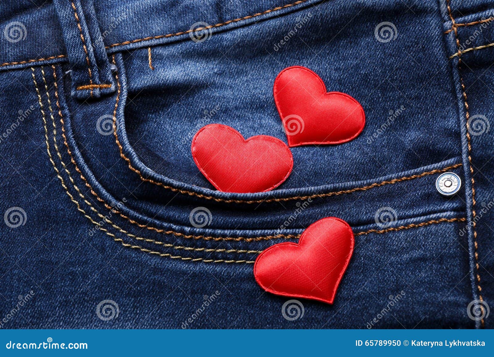 Red Hearts on Jeans Backround Stock Photo Image of material